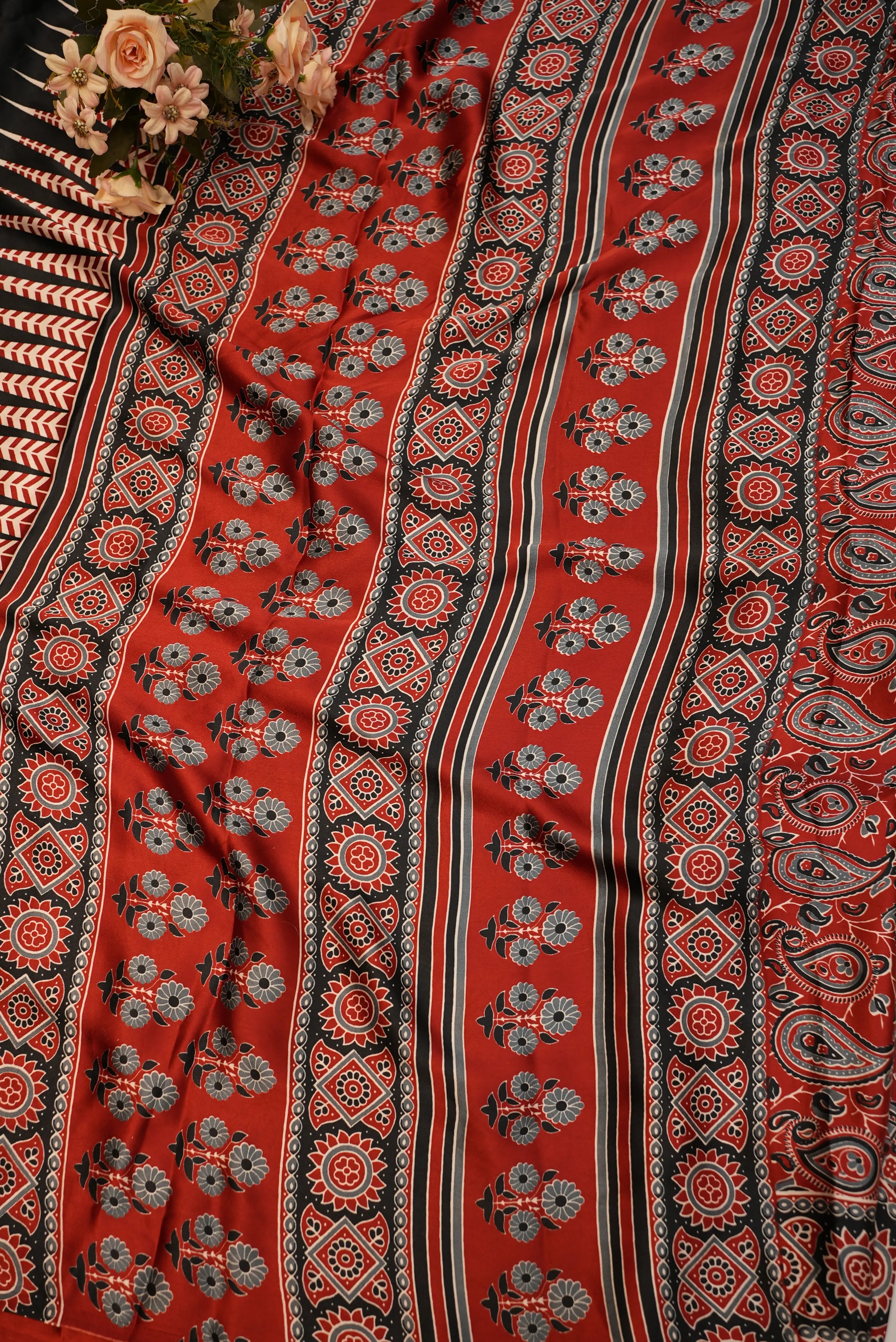 Satin Silk Saree with Ajrakh Print & Tassels (With Blouse)