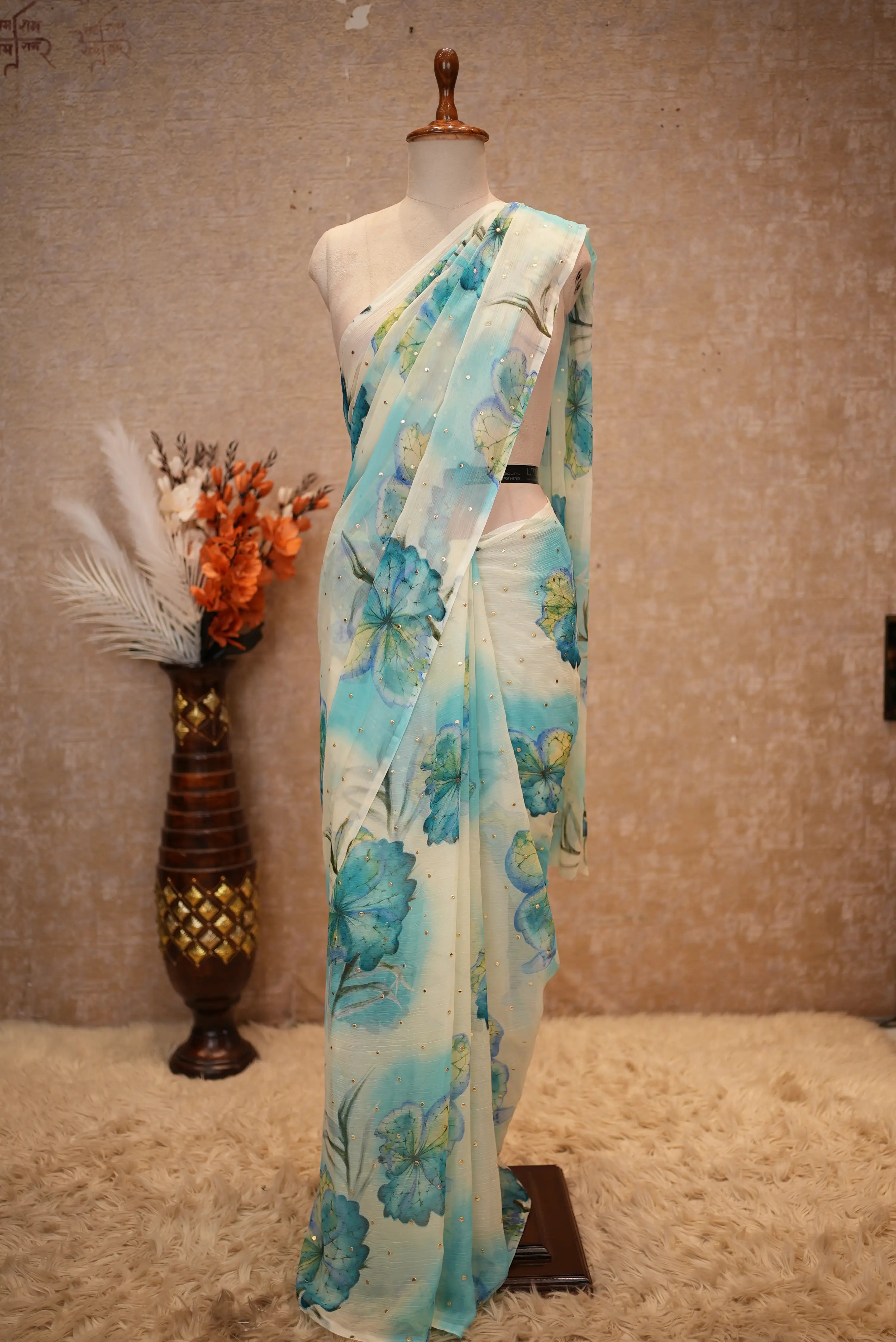 Flower Print Chiffon Fabric Saree
