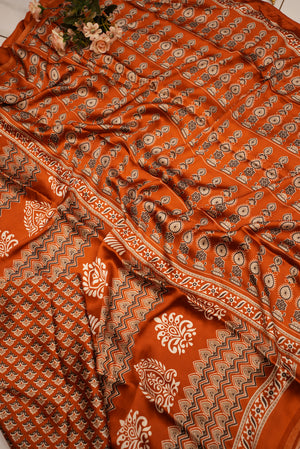 SATIN SILK FABRIC AJRAKH PRINT SAREE WITH BEAUTIFUL TASSELS (WITH BLOUSE ) (6.15 MTR CUT) ##SR0214
