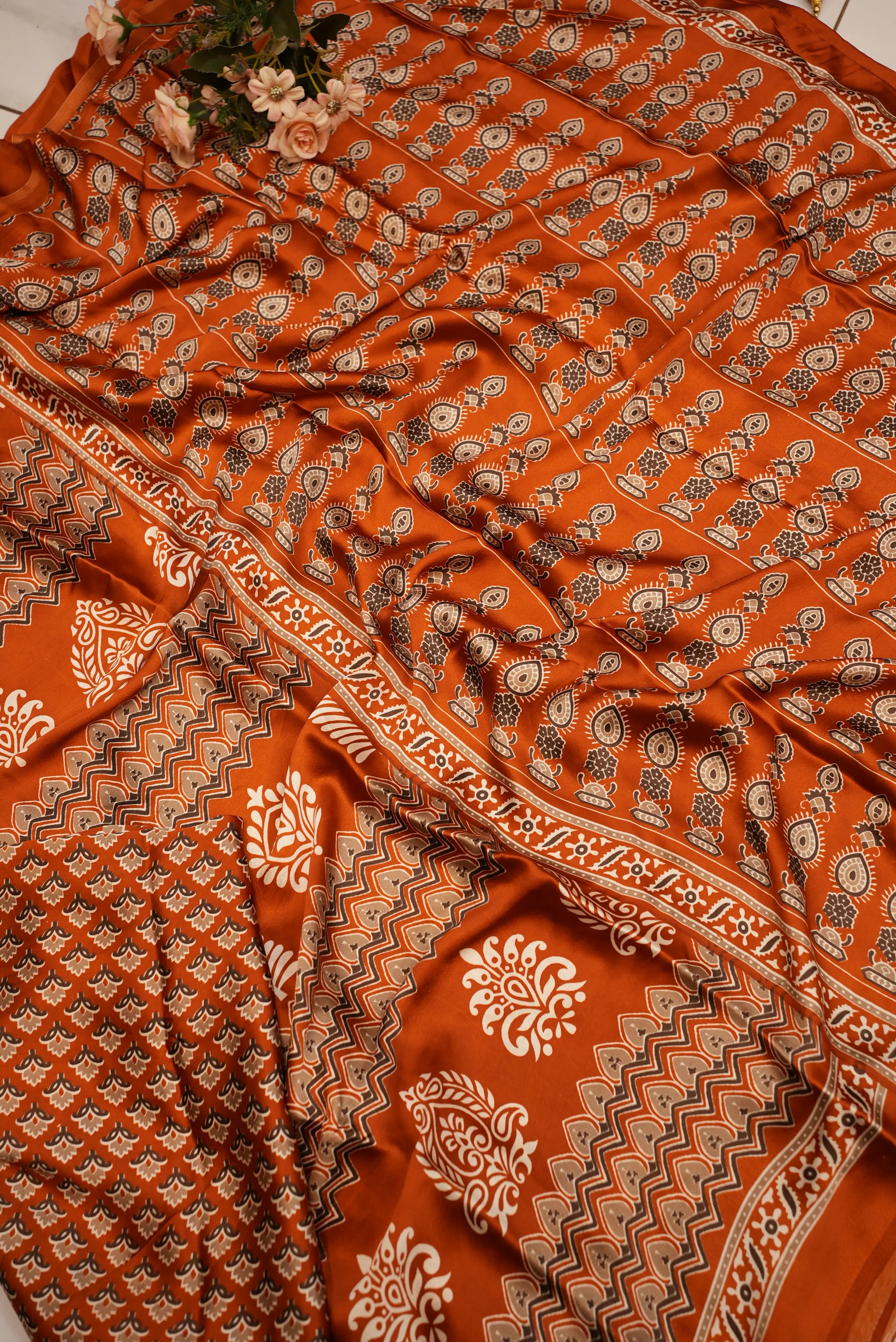 Satin Silk Saree with Ajrakh Print & Tassels (With Blouse)