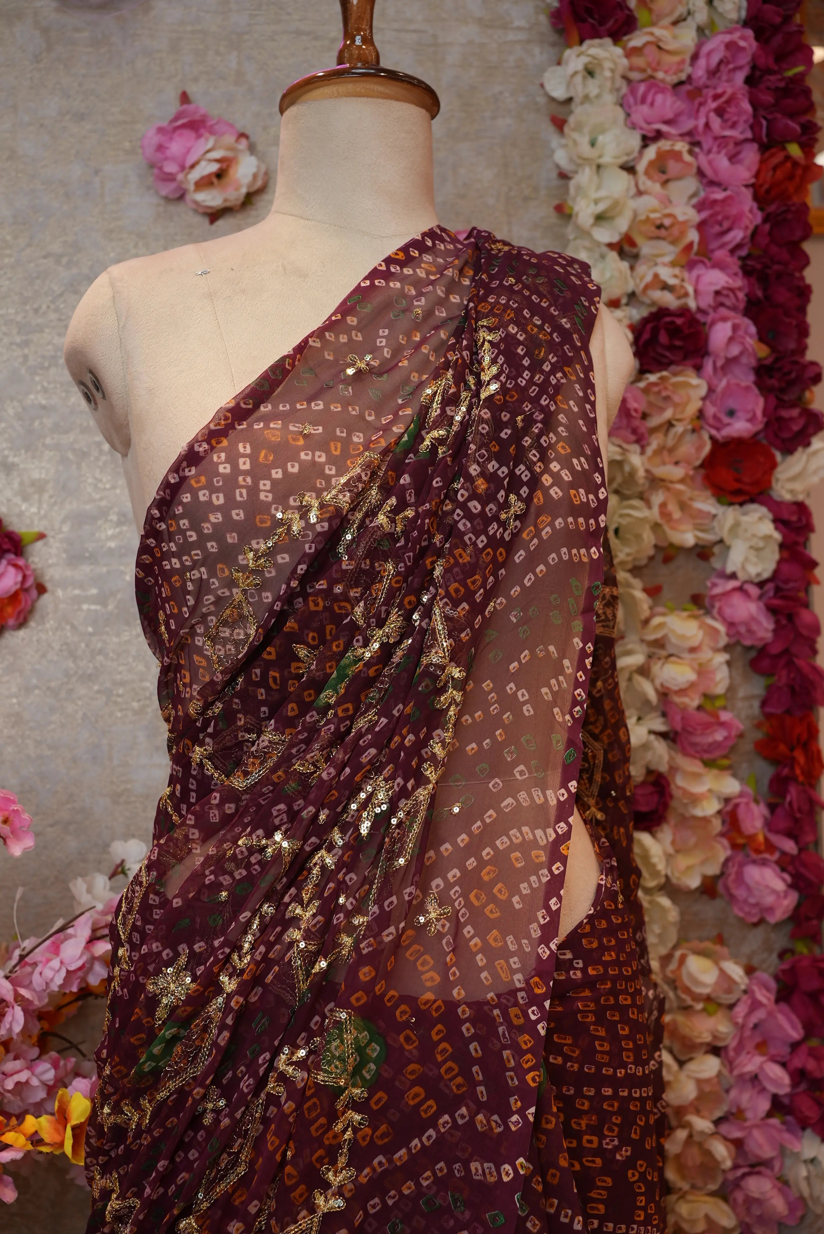 Darbari Saree with Bandhani Design & Aari Tari Jaal Pattern