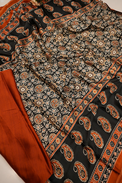 SATIN SILK FABRIC AJRAKH PRINT SAREE WITH BEAUTIFUL TASSELS (WITH BLOUSE ) (6.15 MTR CUT) ##SR0214