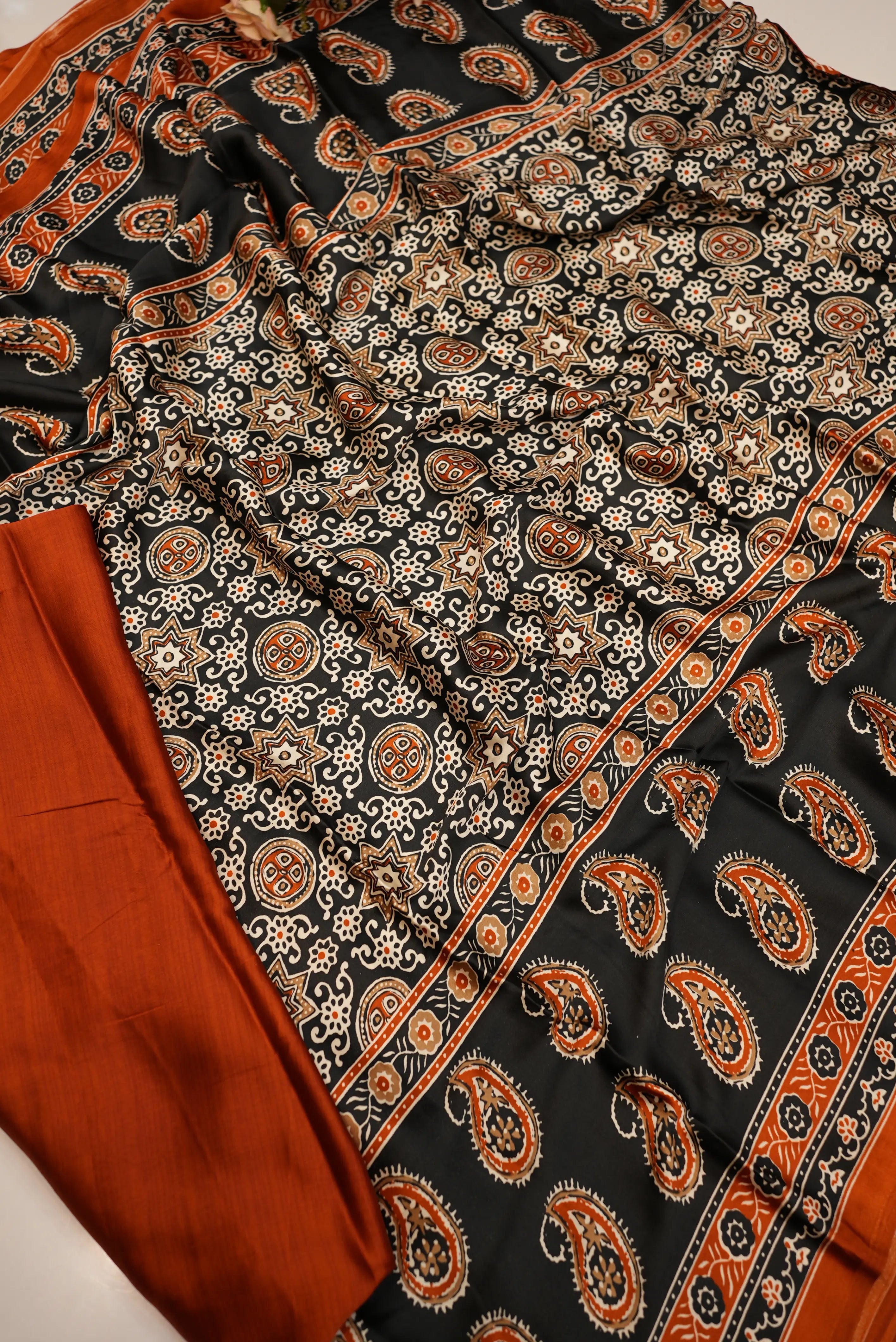 Satin Silk Saree with Ajrakh Print & Tassels (With Blouse)