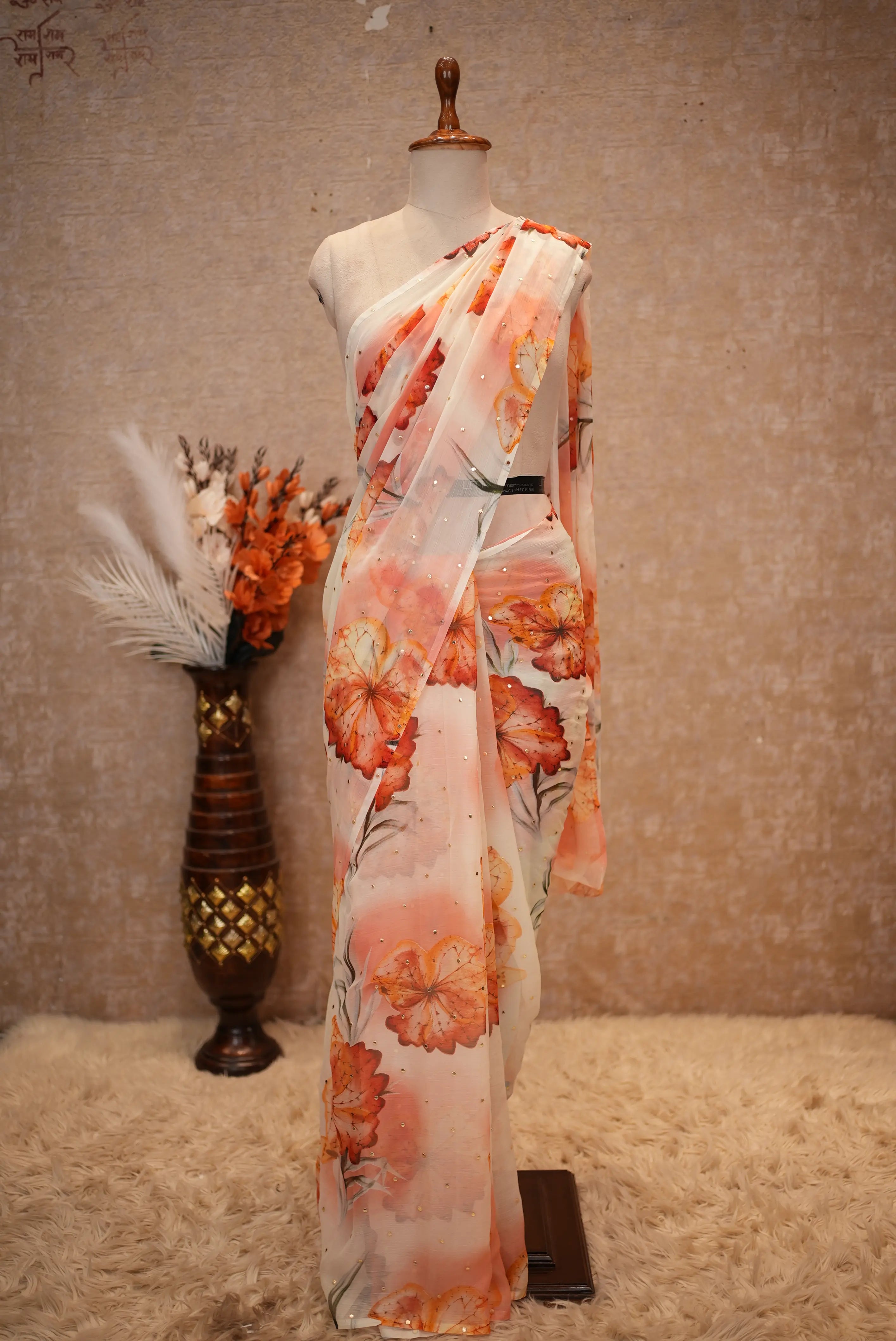 Flower Print Chiffon Fabric Saree