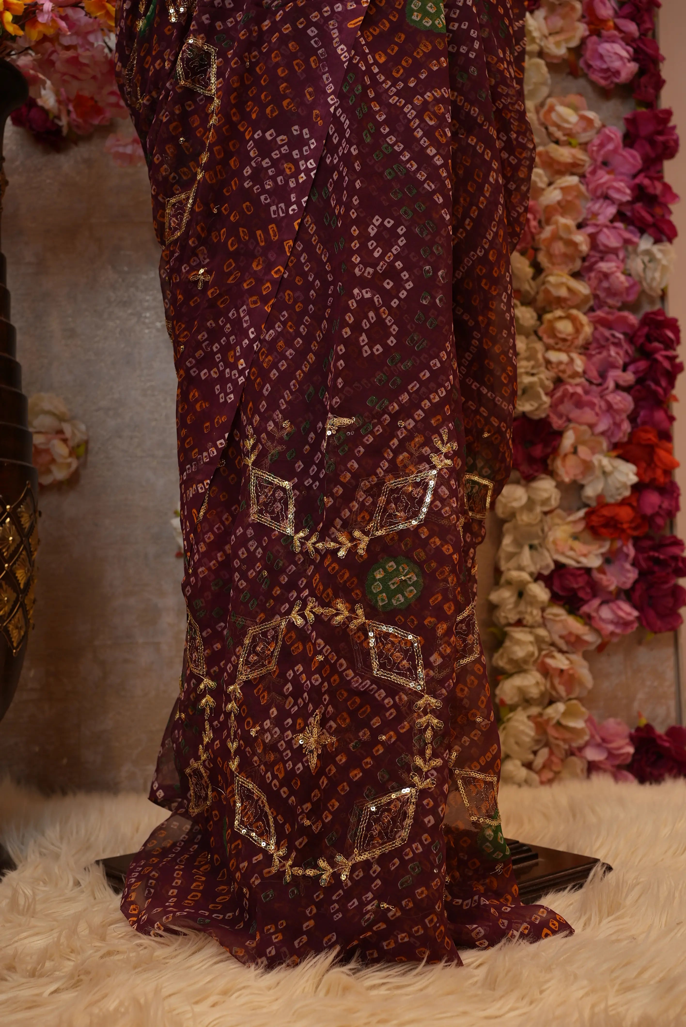 Darbari Saree with Bandhani Design & Aari Tari Jaal Pattern