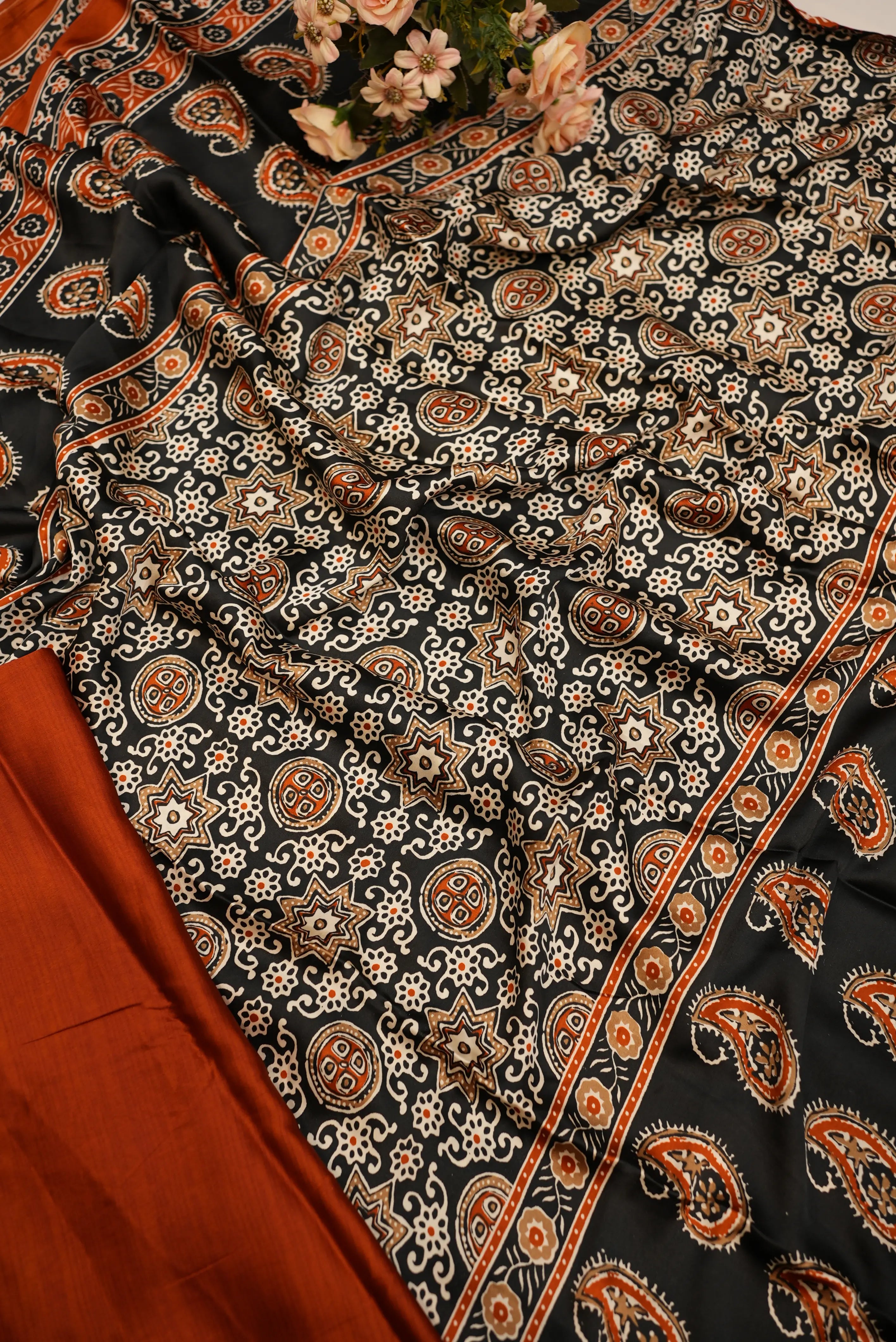 Satin Silk Saree with Ajrakh Print & Tassels (With Blouse)