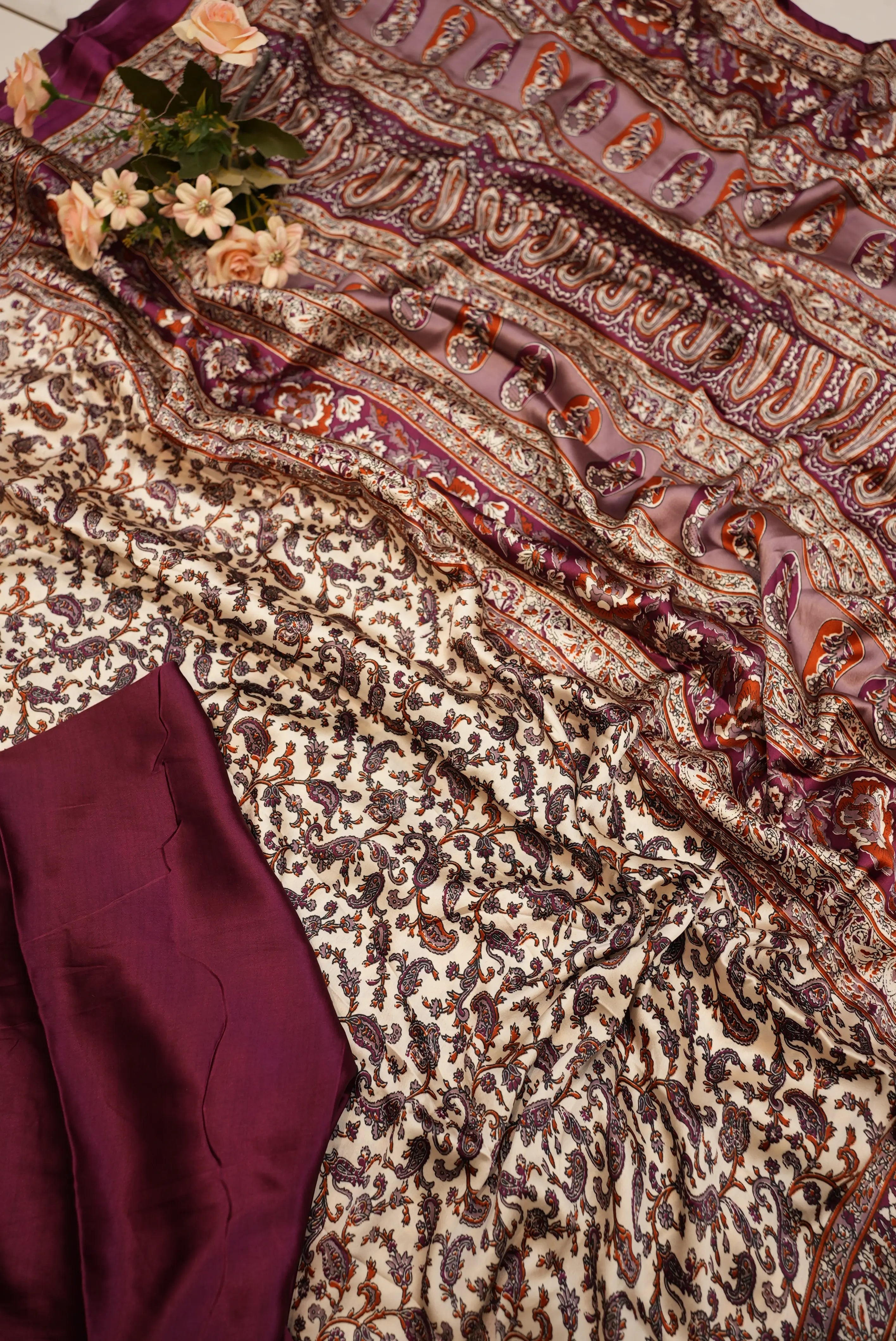 Satin Silk Saree with Ajrakh Print & Tassels (With Blouse)