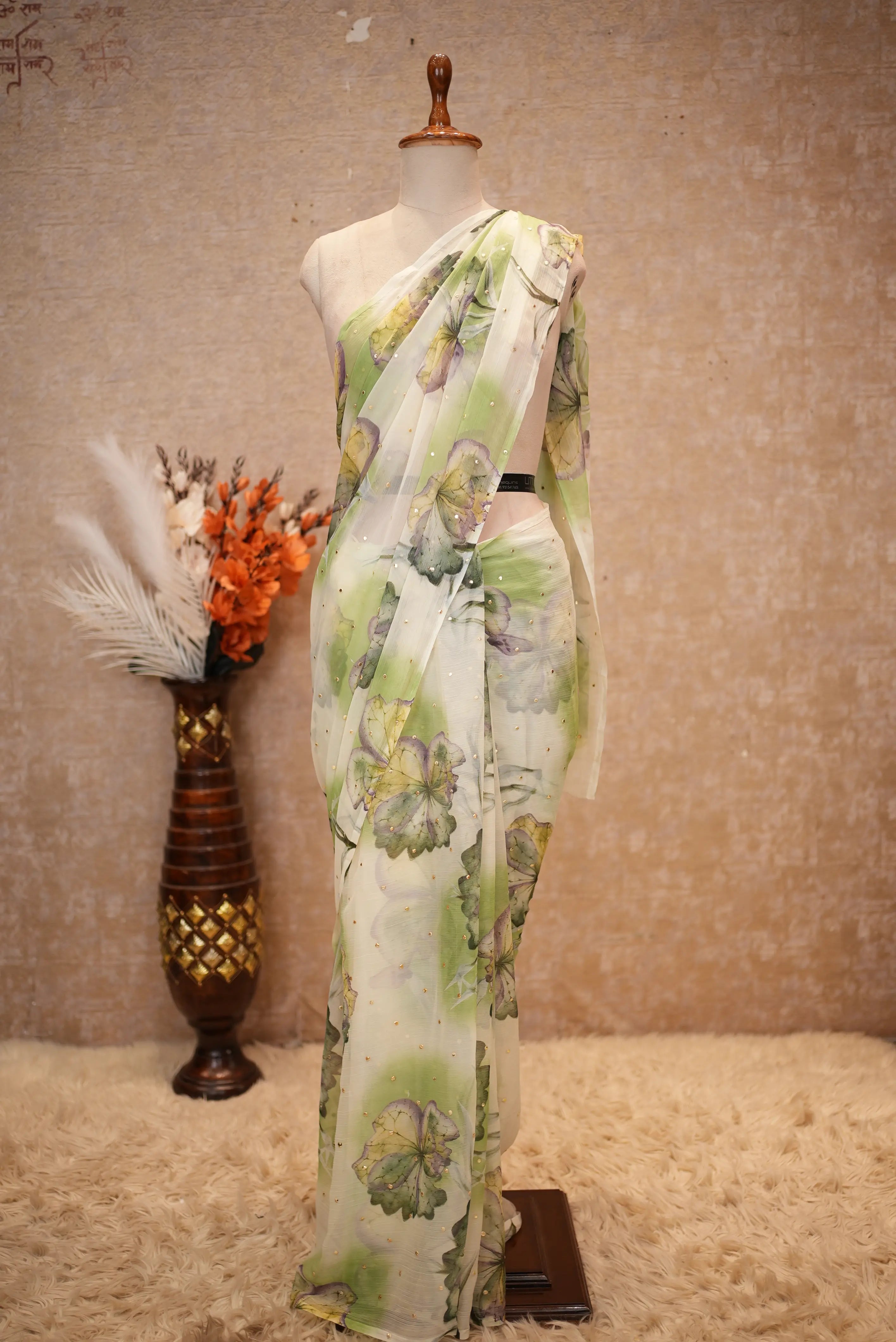 Flower Print Chiffon Fabric Saree