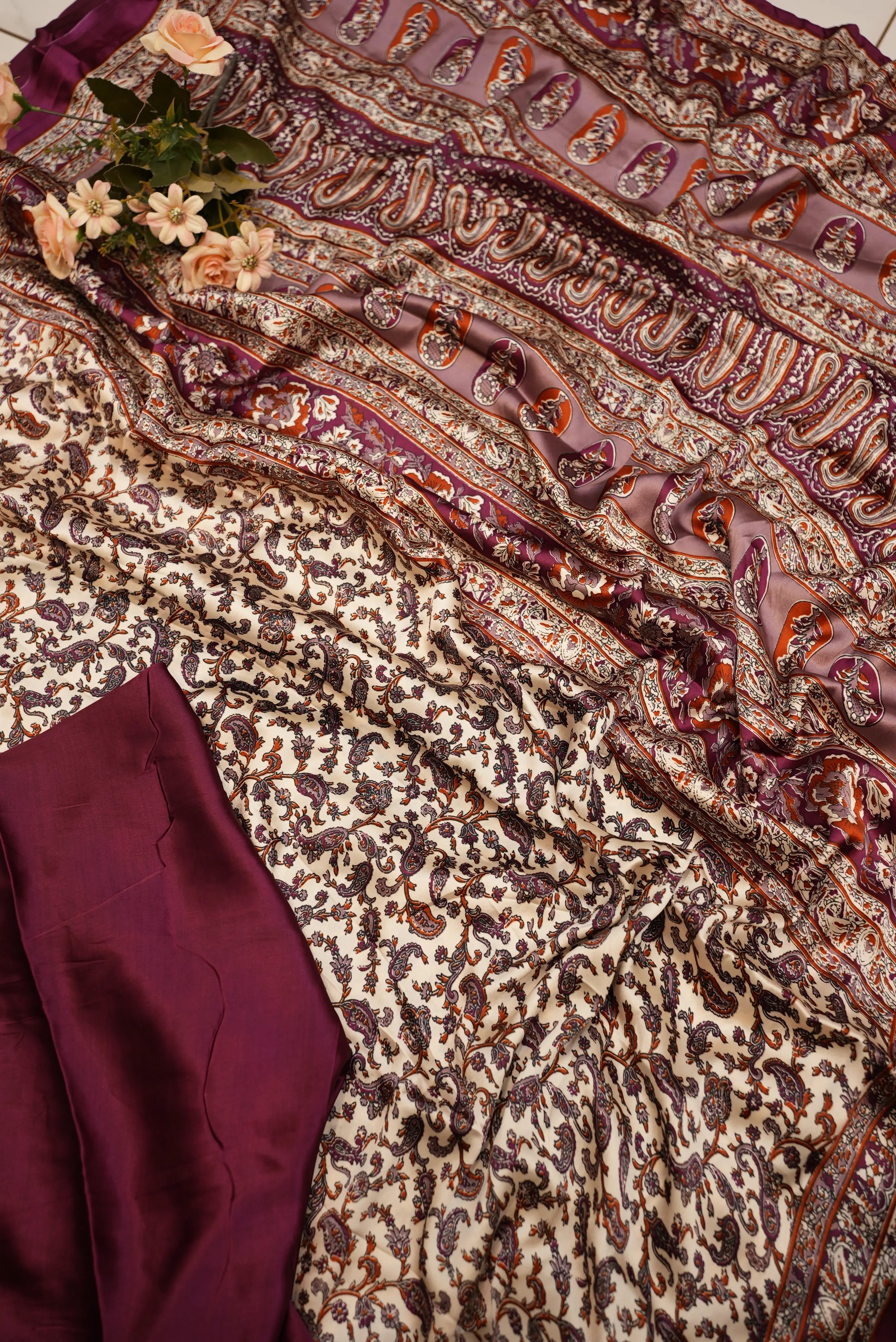 Satin Silk Saree with Ajrakh Print & Tassels (With Blouse)