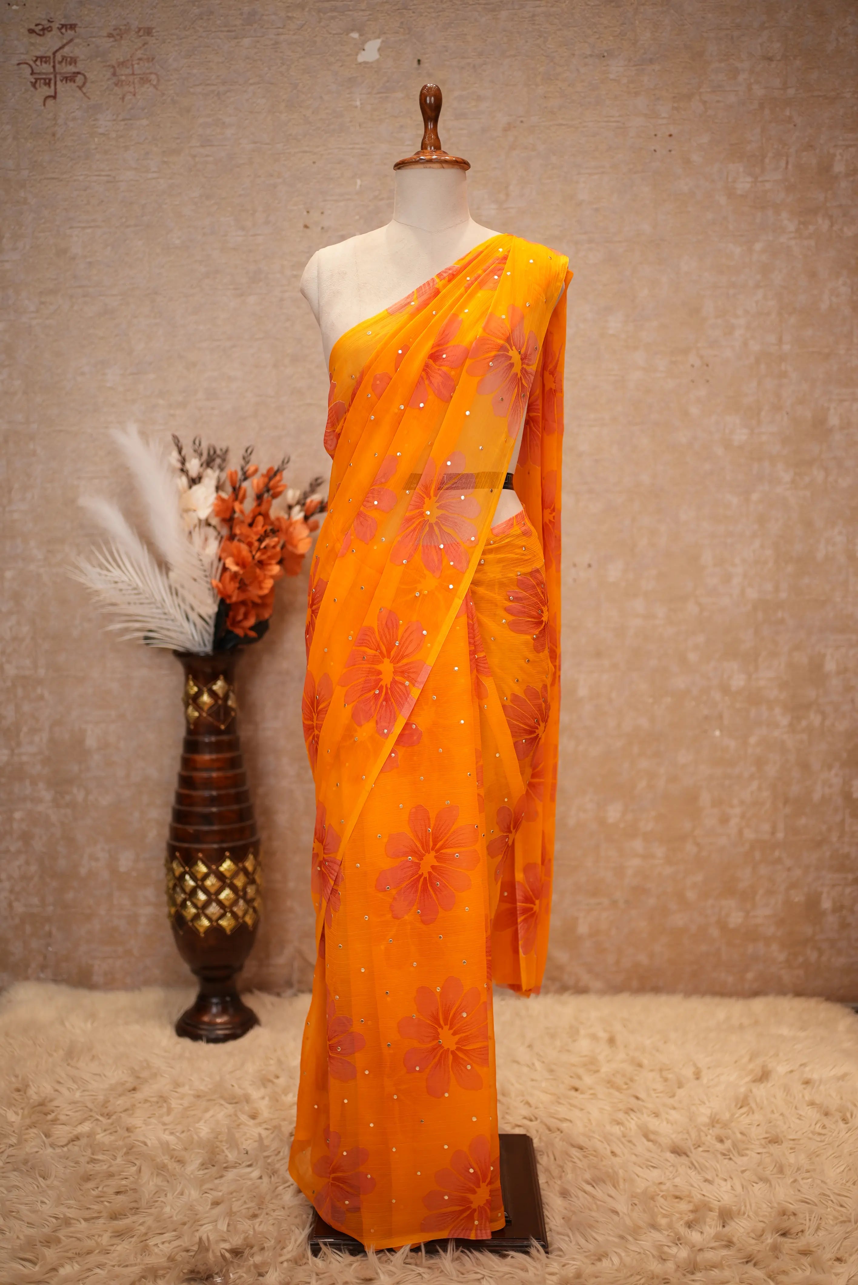 Flower Print Chiffon Fabric Saree