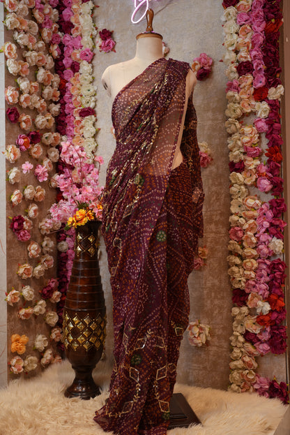 DARBARI SAREE WITH BANDHANI DESIGN & AARI TARI HEAVY JAAL PATTERN (WITHOUT BLOUSE) ##SR458