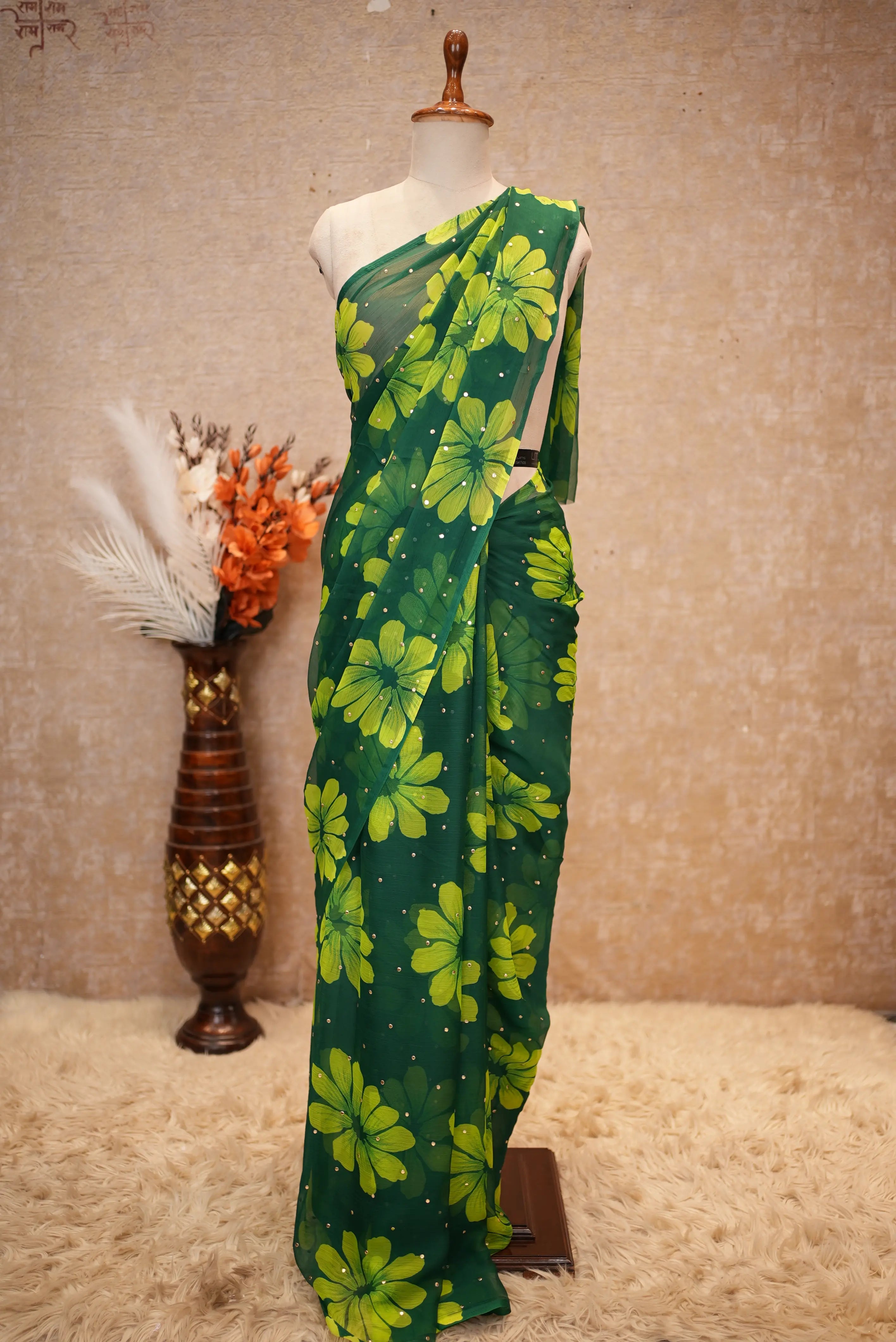 Flower Print Chiffon Fabric Saree