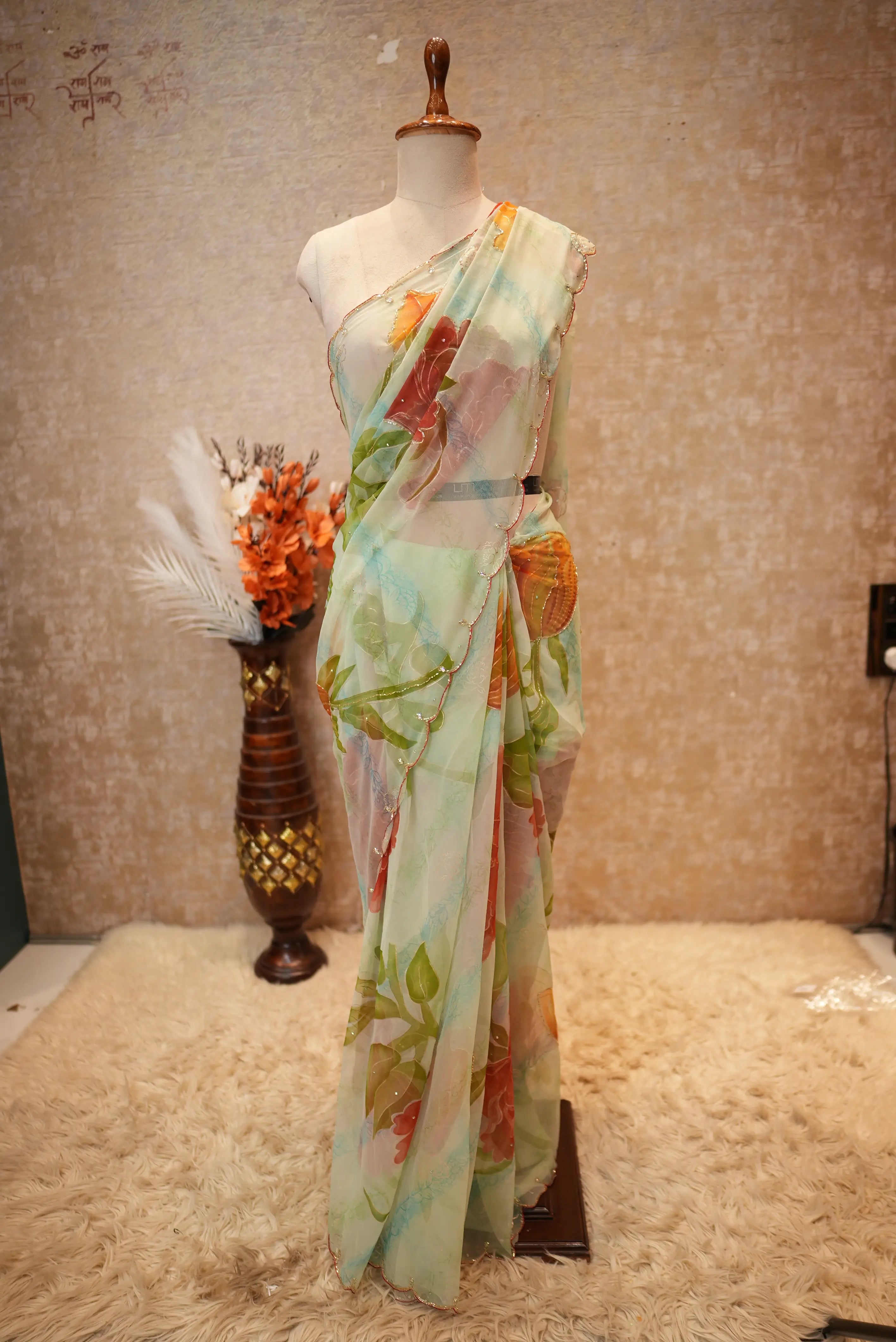 Handwork Touch Flower Print Georgette Fabric Saree (With Blouse)