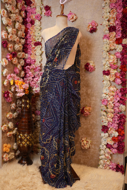 DARBARI SAREE WITH BANDHANI DESIGN & AARI TARI HEAVY JAAL PATTERN (WITHOUT BLOUSE) ##SR458