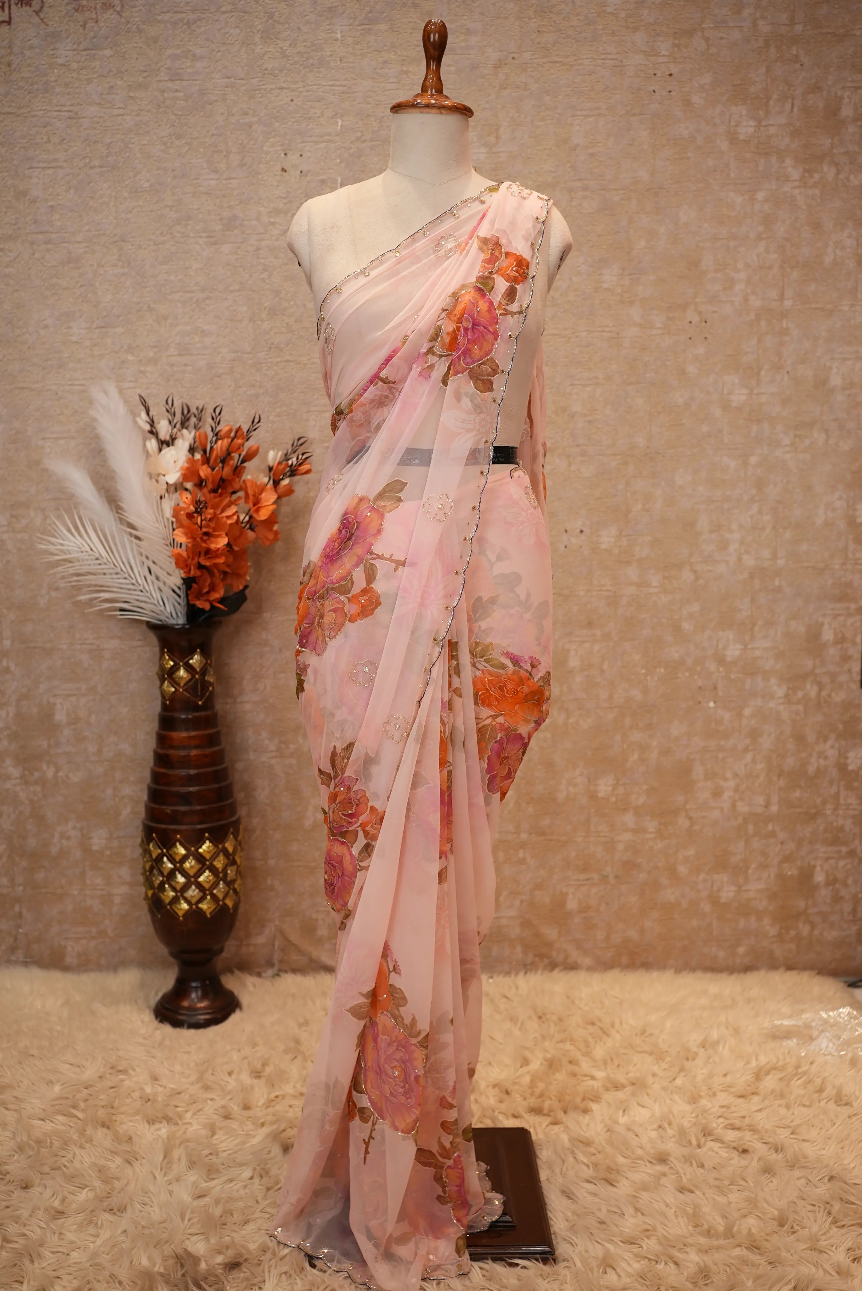 Handwork Touch Flower Print Georgette Fabric Saree (With Blouse)