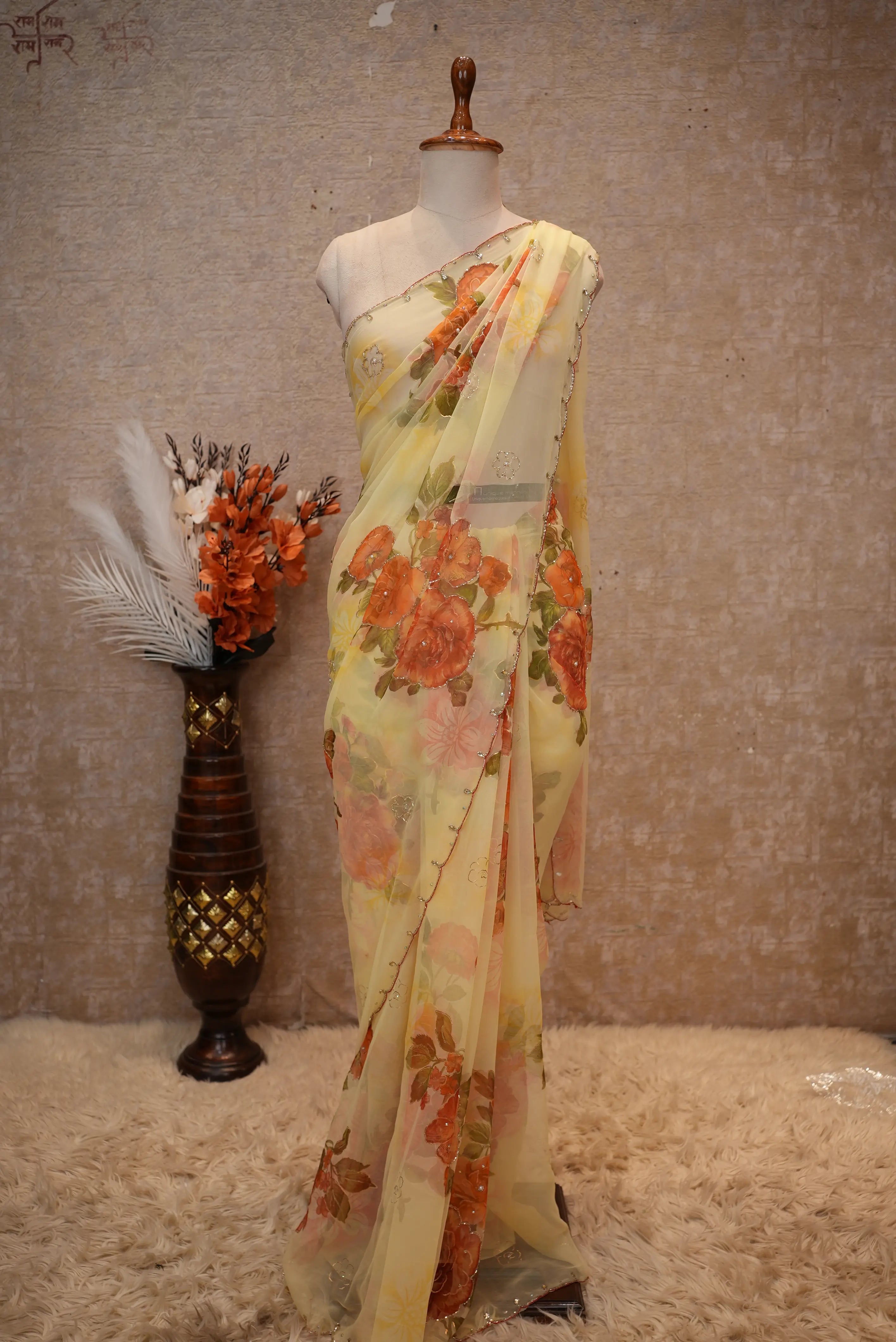 Handwork Touch Flower Print Georgette Fabric Saree (With Blouse)