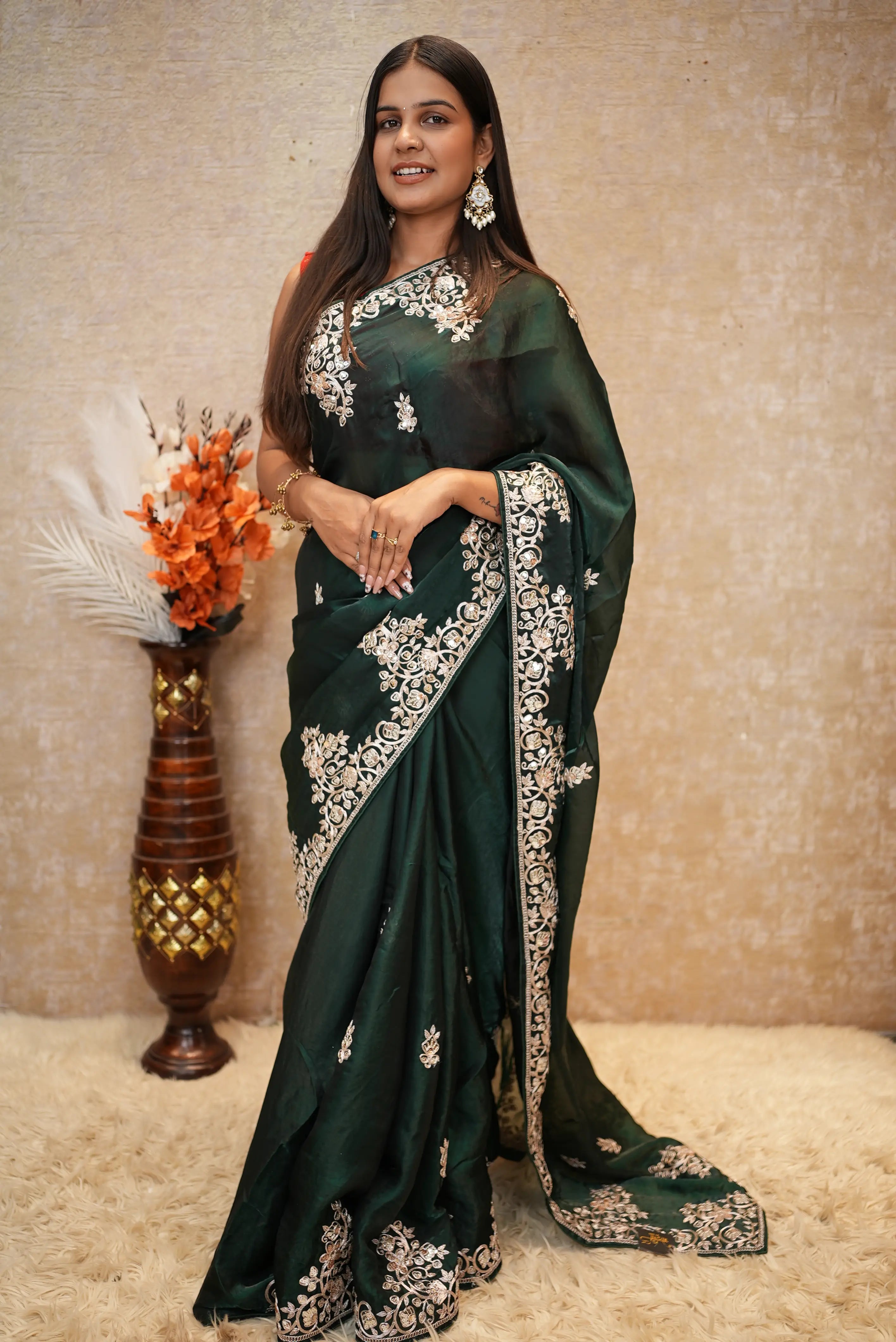Fandy Fabric Pitten & Sequence Work Party Wear Saree (With Blouse)