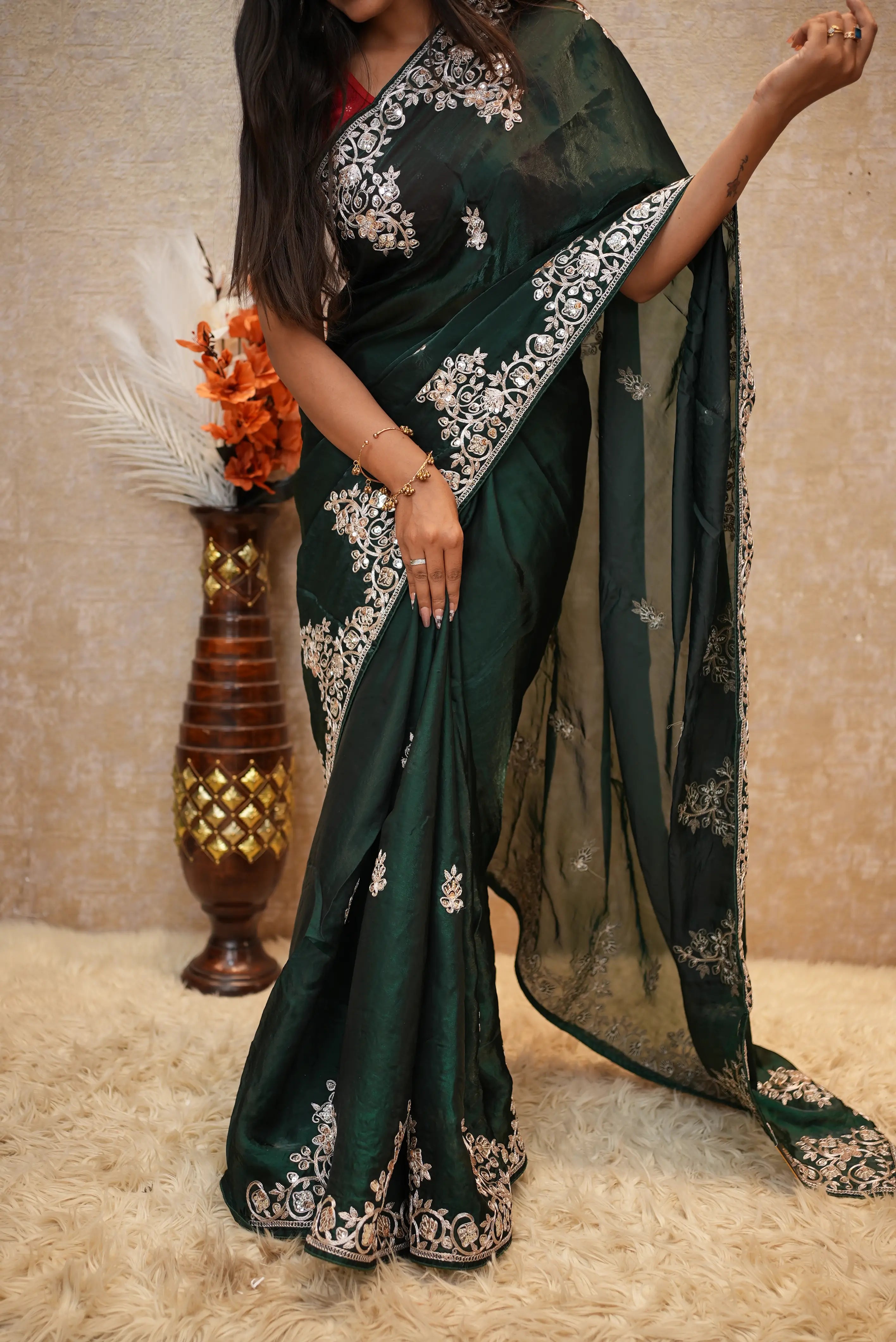 Fandy Fabric Pitten & Sequence Work Party Wear Saree (With Blouse)