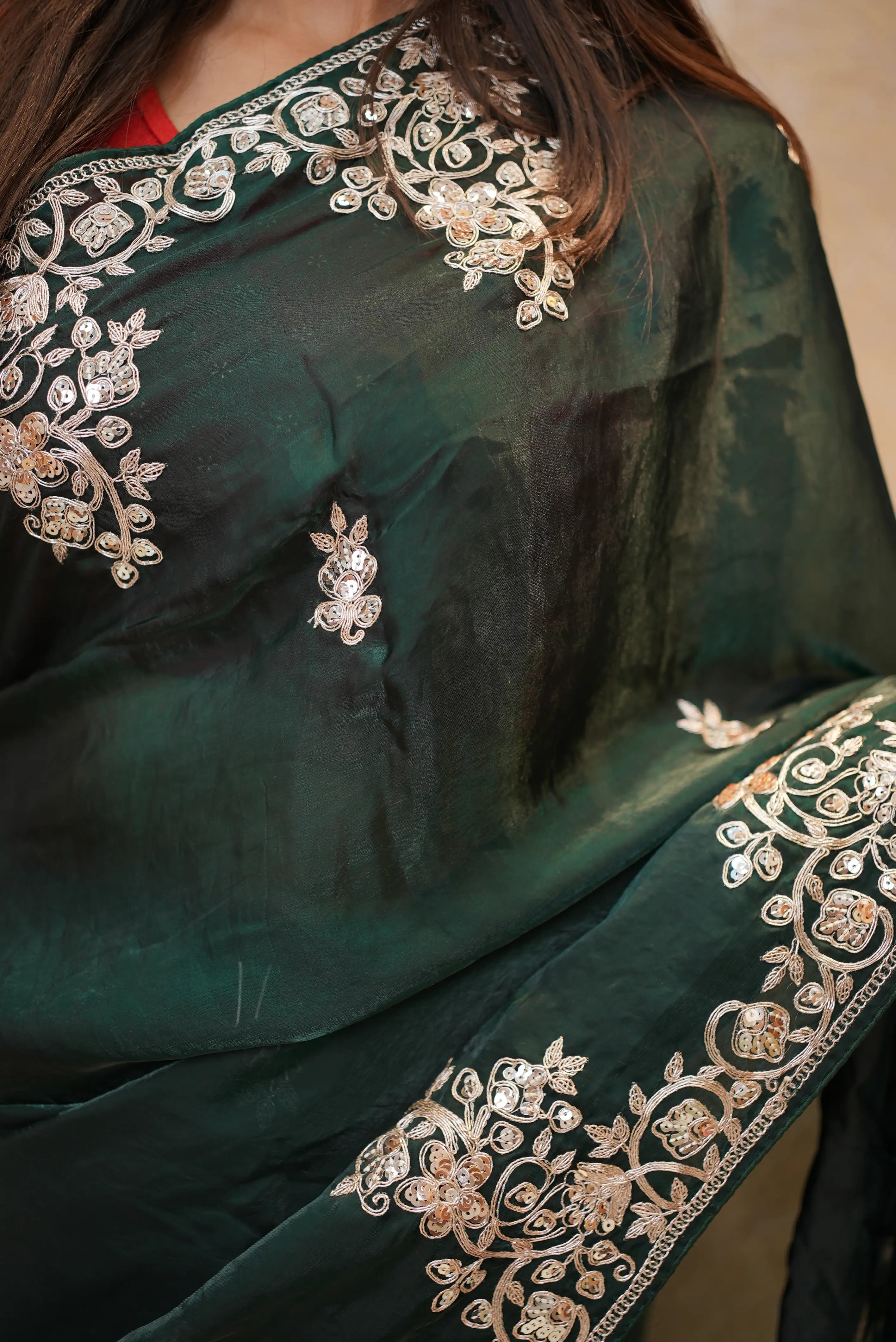 Fandy Fabric Pitten & Sequence Work Party Wear Saree (With Blouse)