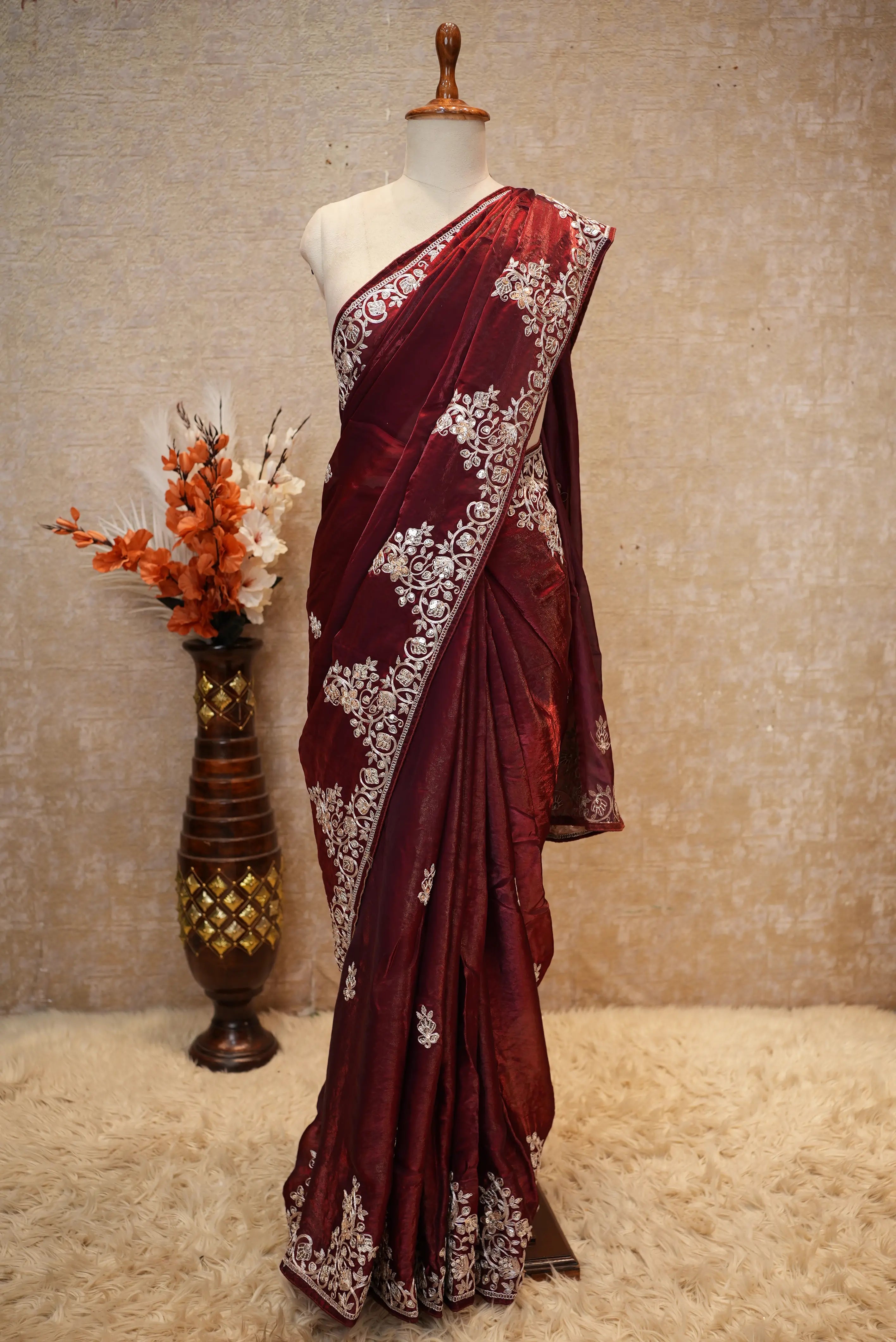 Fandy Fabric Pitten & Sequence Work Party Wear Saree (With Blouse)