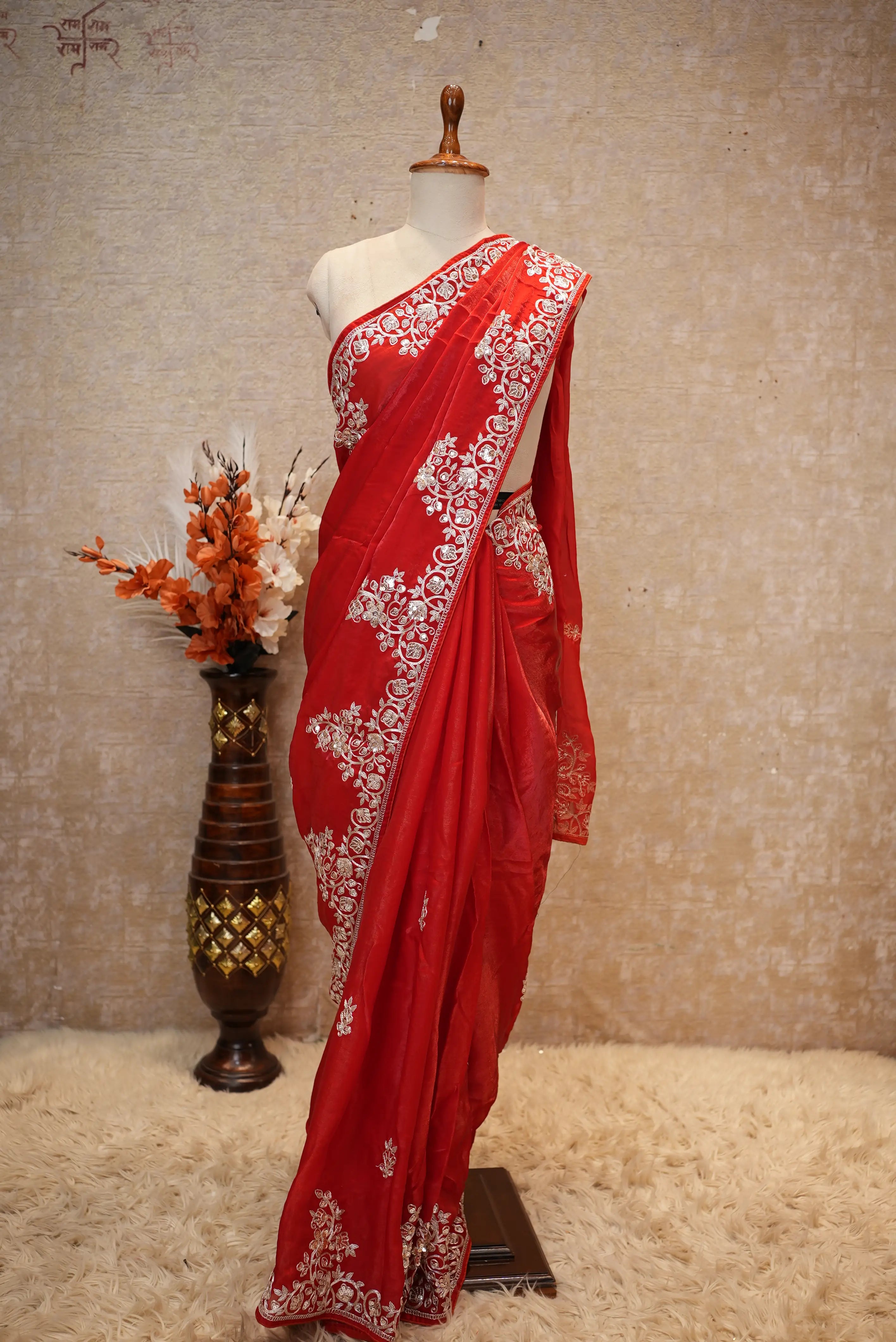 Fandy Fabric Pitten & Sequence Work Party Wear Saree (With Blouse)
