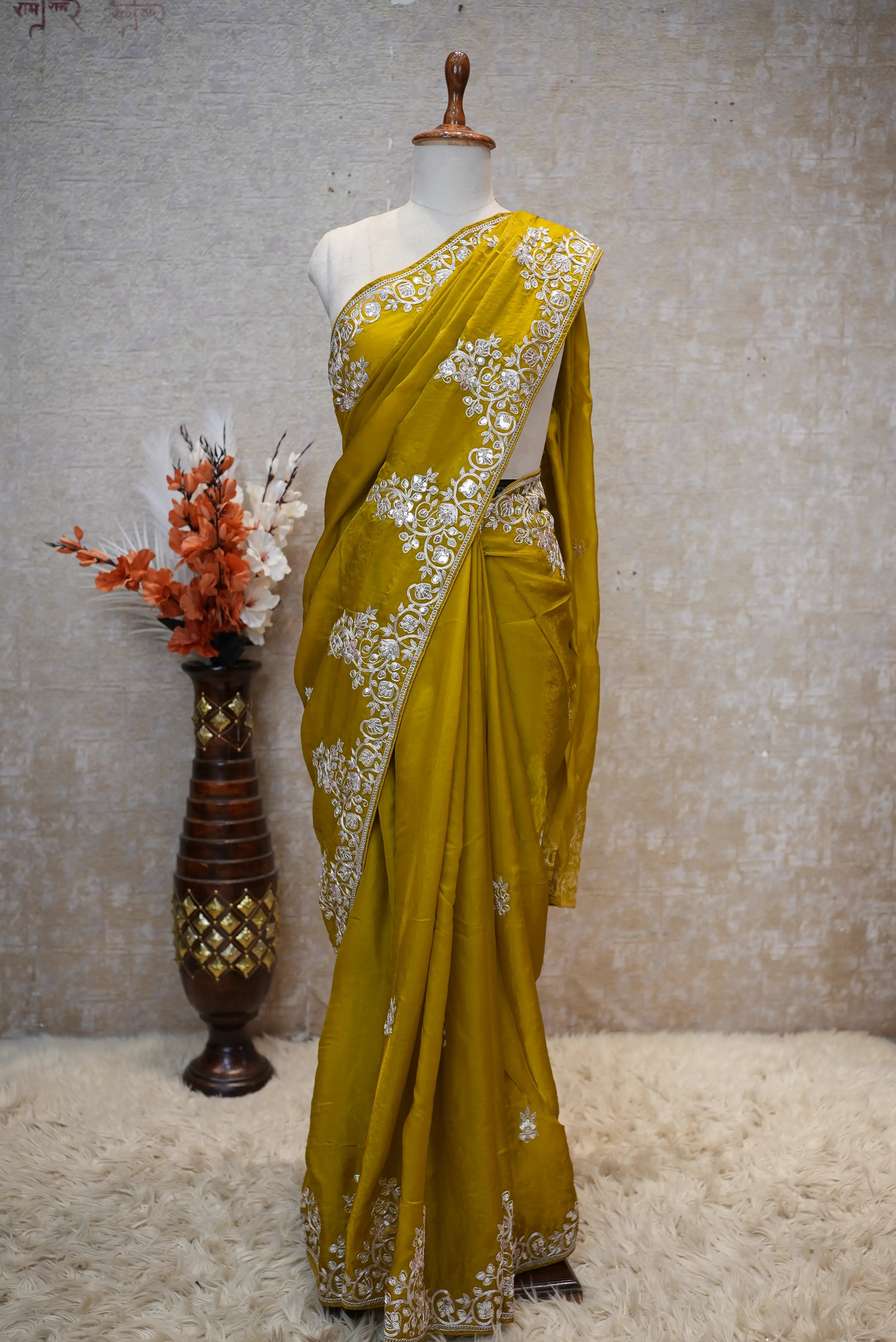 Fandy Fabric Pitten & Sequence Work Party Wear Saree (With Blouse)