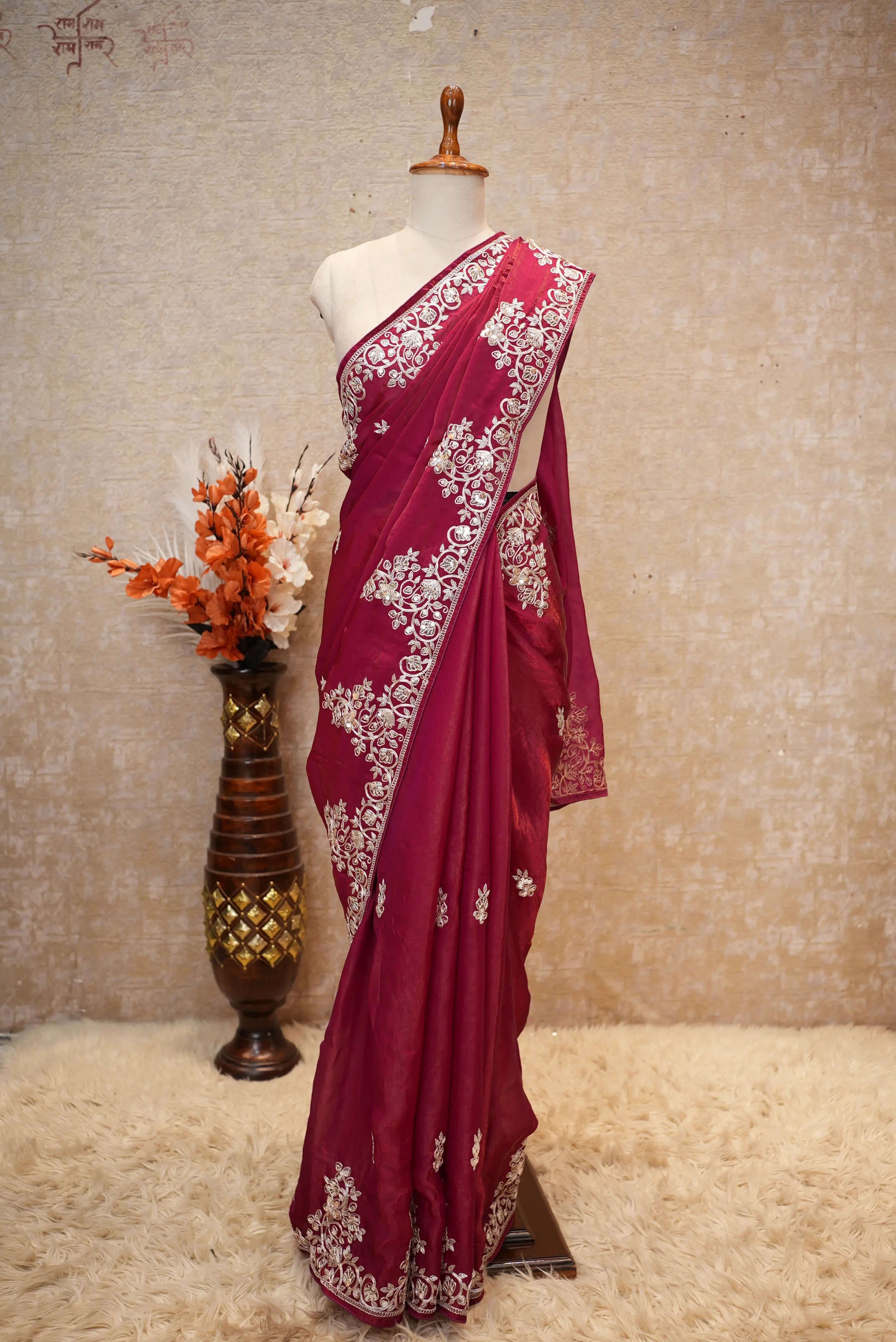 Fandy Fabric Pitten & Sequence Work Party Wear Saree (With Blouse)