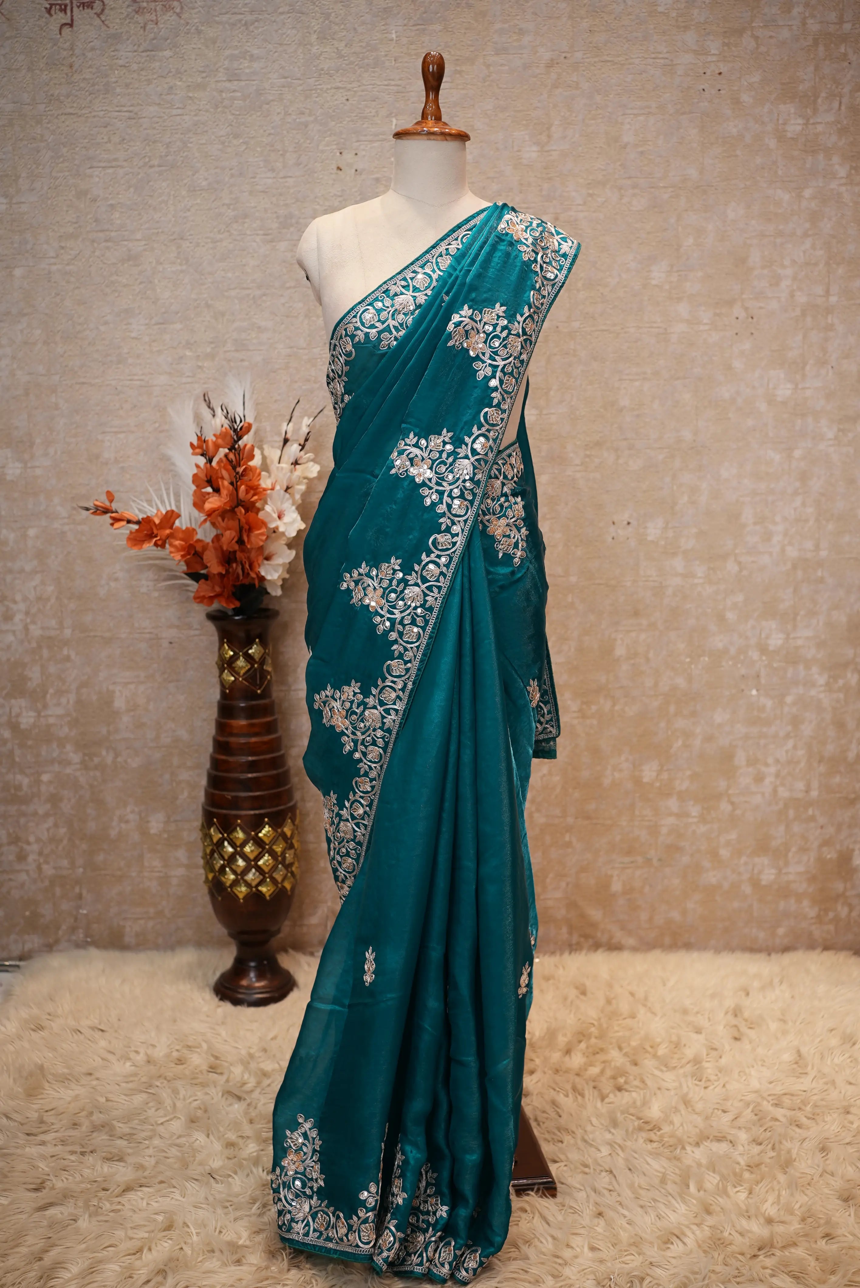 Fandy Fabric Pitten & Sequence Work Party Wear Saree (With Blouse)