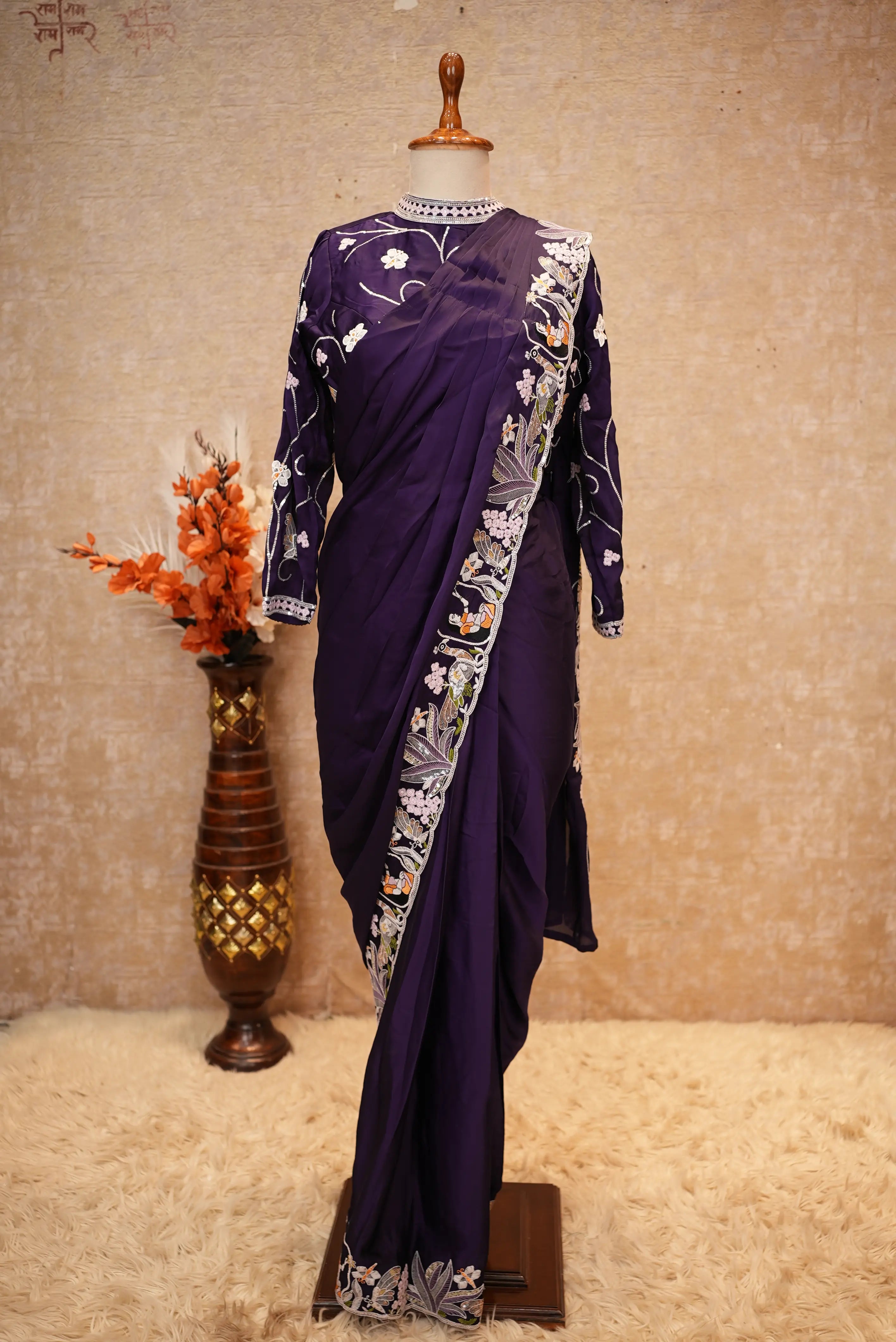 Embroidered pattern stitch blouse saree