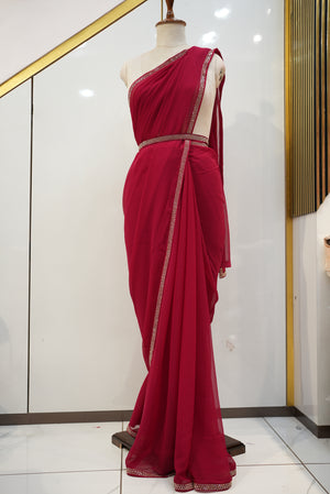 Elegant Georgette Fabric Saree with Zarkan Border & Stylish Belt – Girlish Look (WITH BLOUSE) ##SR0217
