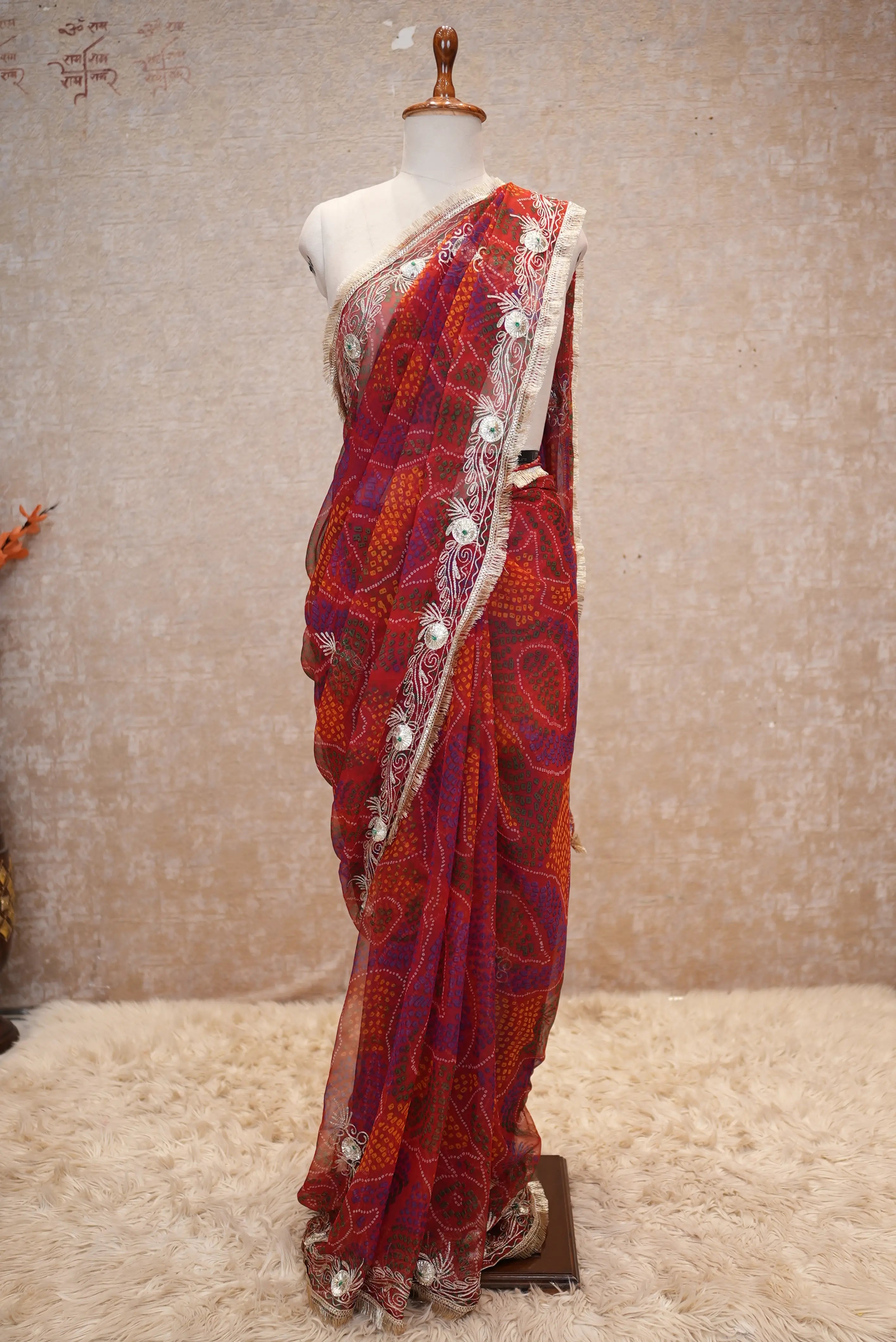 Vintage Work Shekhawati Bandhani Saree With Kacchi Gota Work