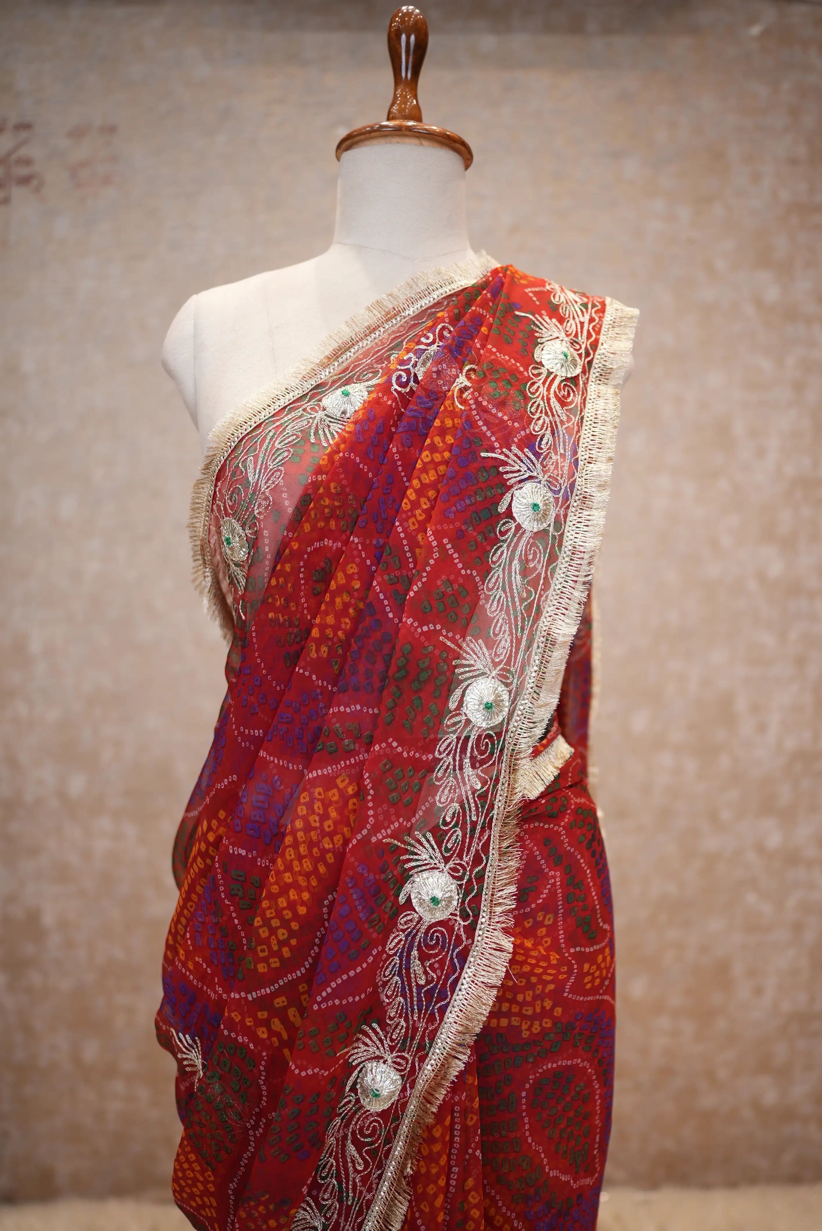 Vintage Work Shekhawati Bandhani Saree With Kacchi Gota Work