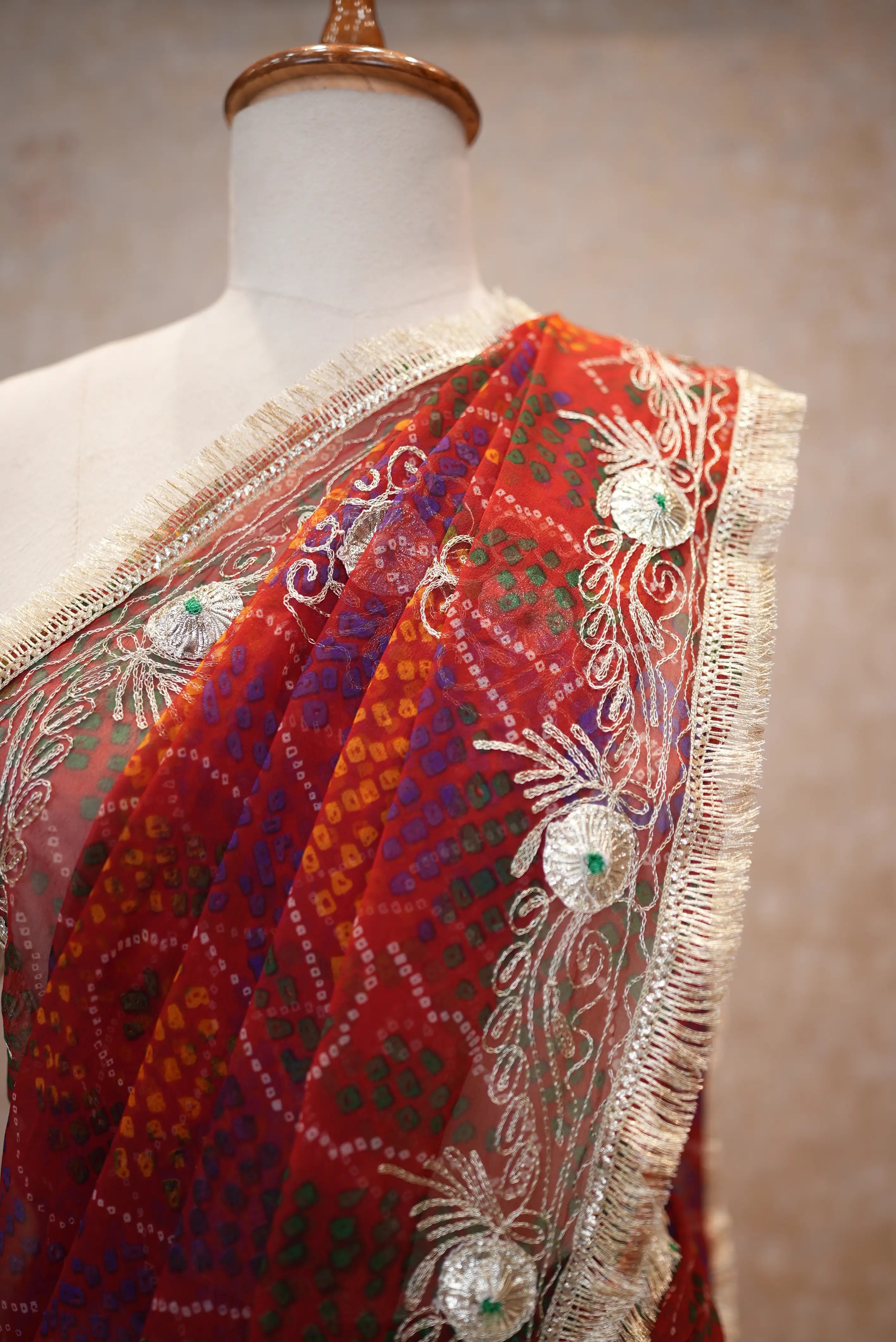 Vintage Work Shekhawati Bandhani Saree With Kacchi Gota Work