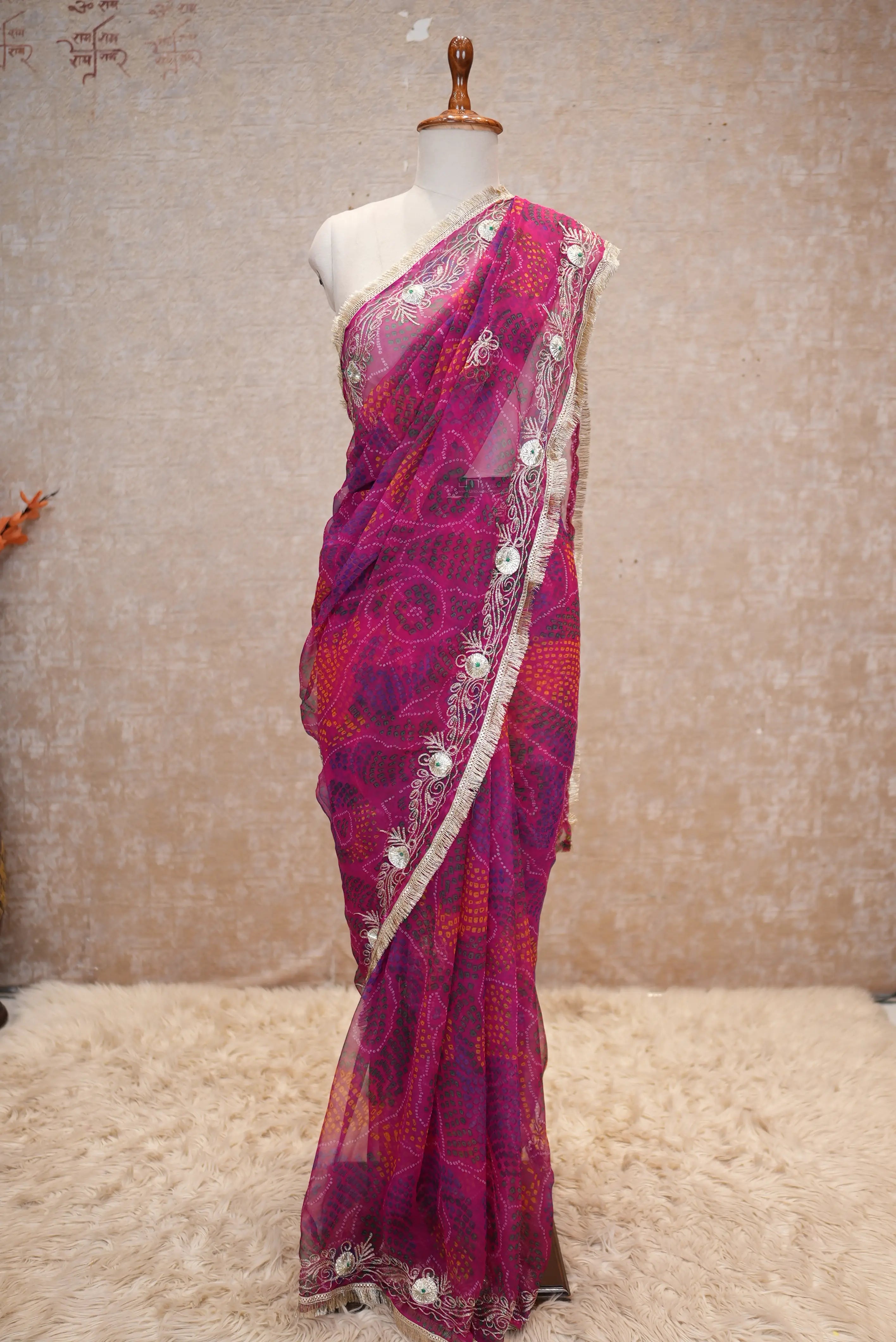 Vintage Work Shekhawati Bandhani Saree With Kacchi Gota Work
