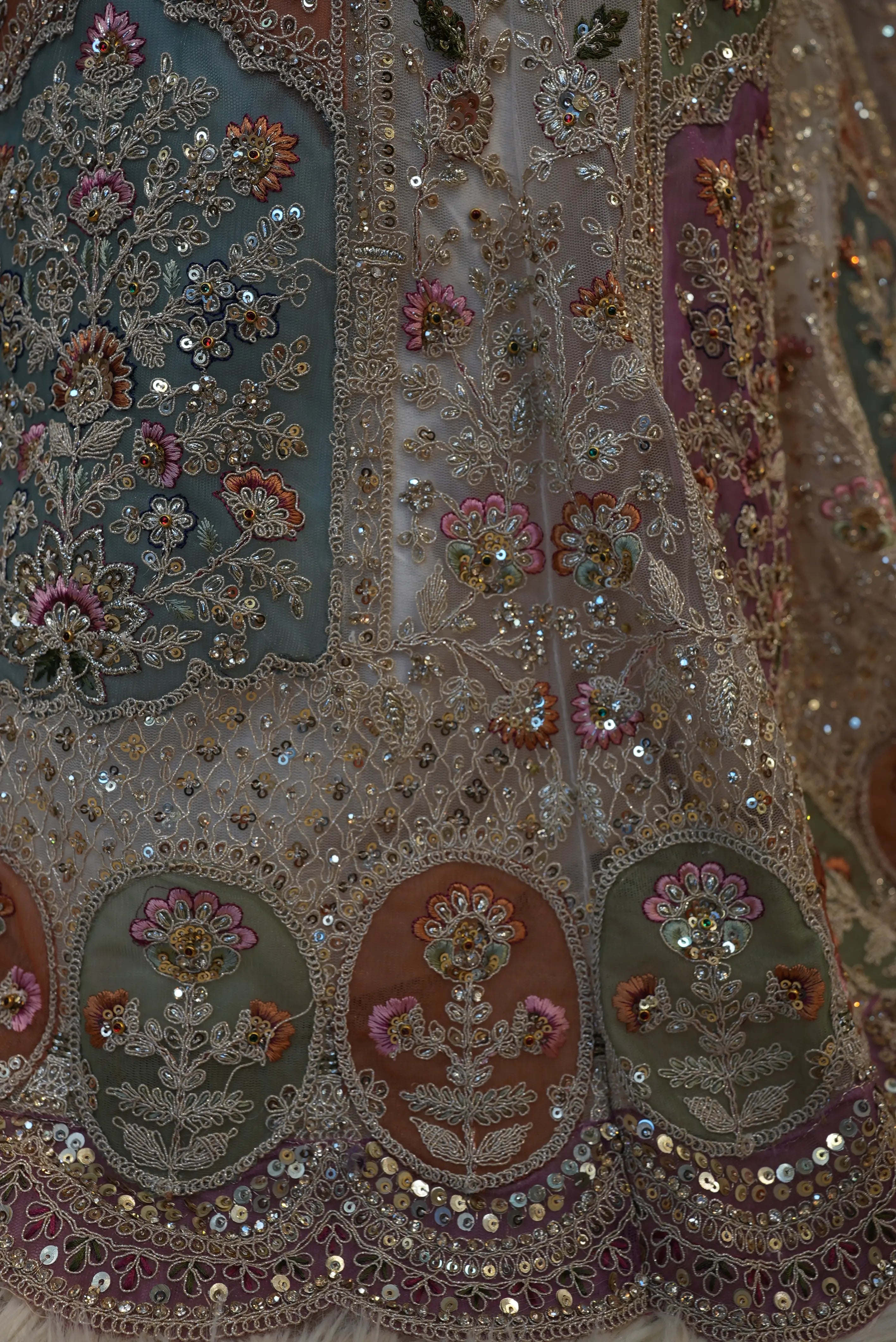 Cream Net Lehenga with Sequence & Pittan Work