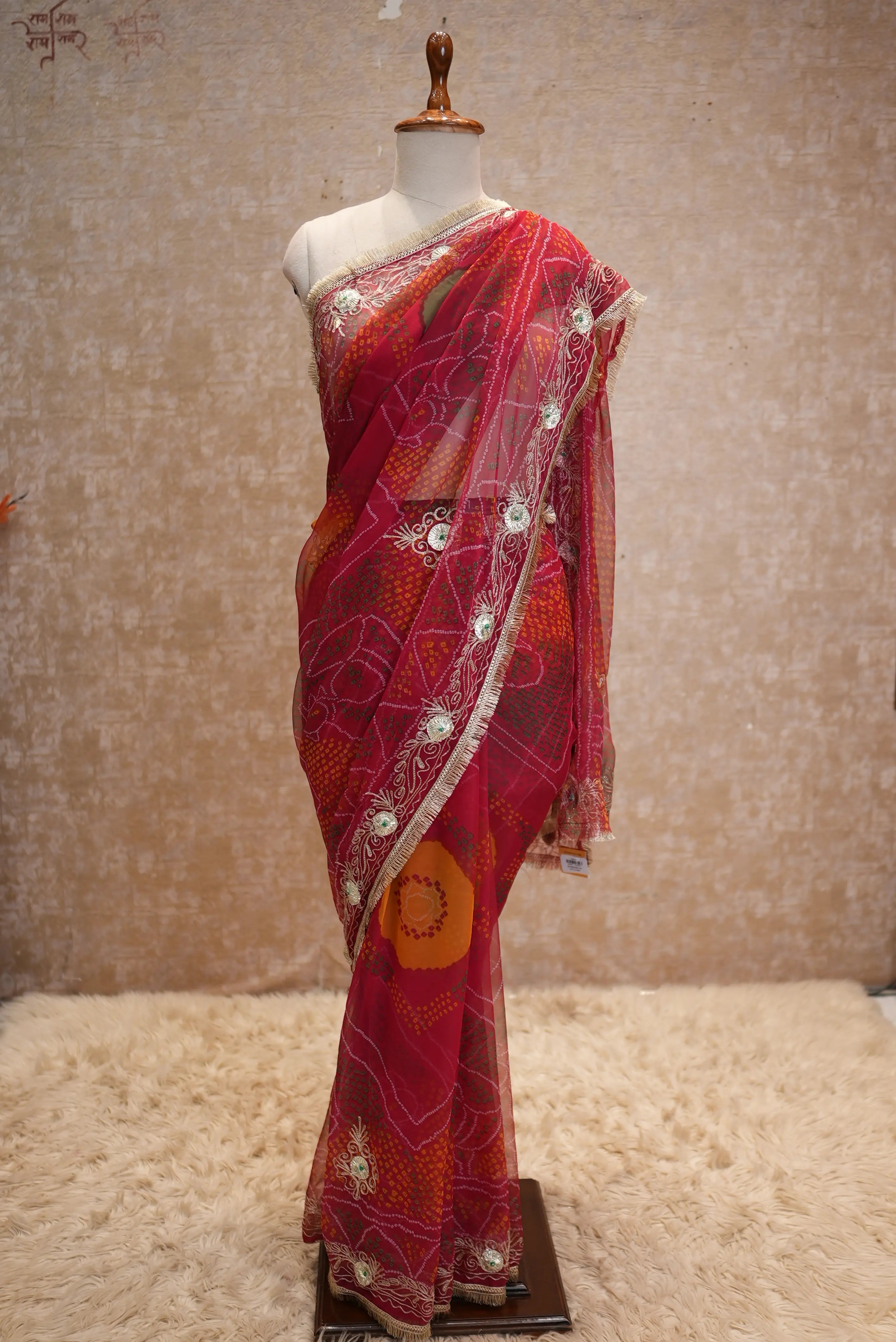 Vintage Work Shekhawati Bandhani Saree With Kacchi Gota Work