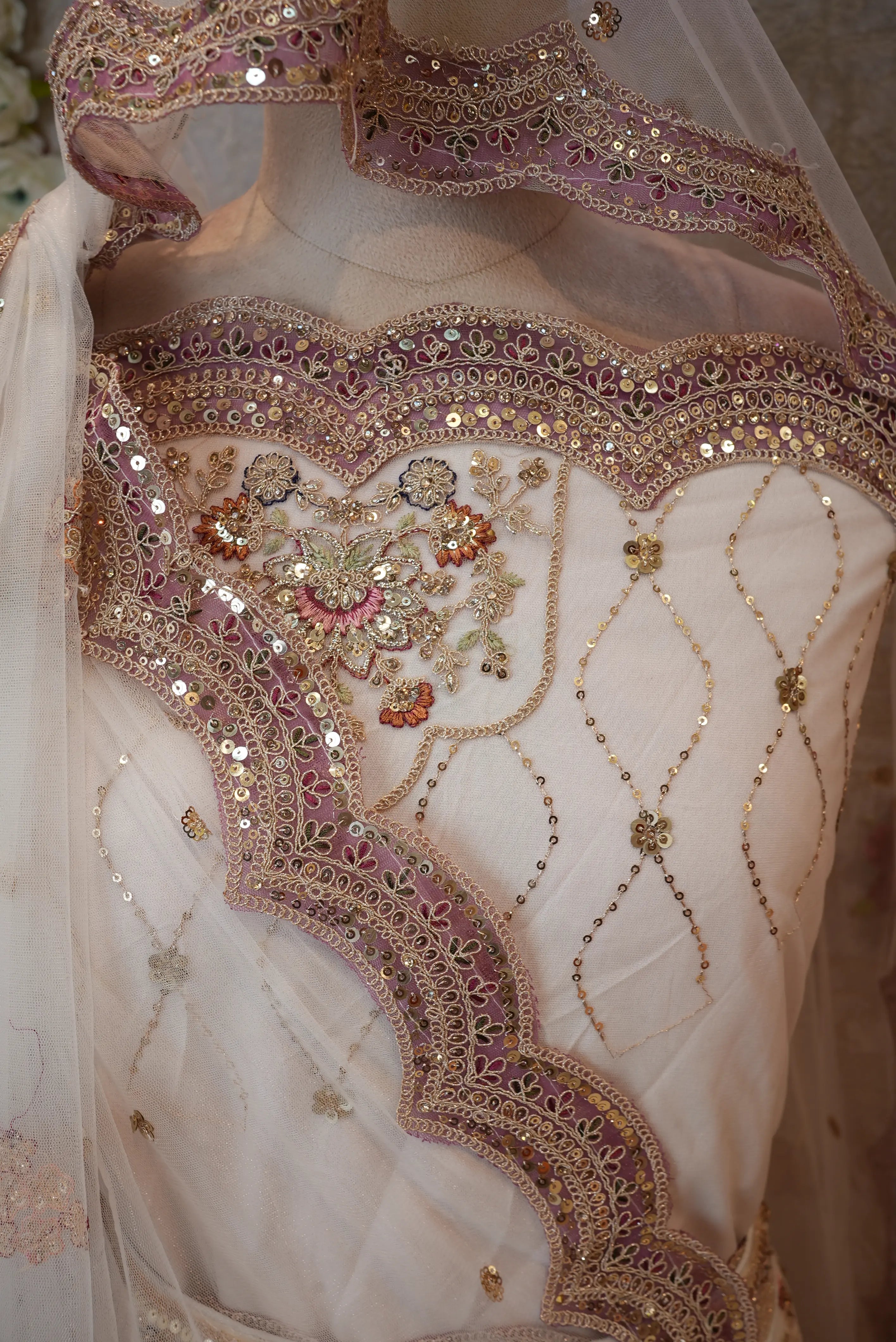Cream Net Lehenga with Sequence & Pittan Work