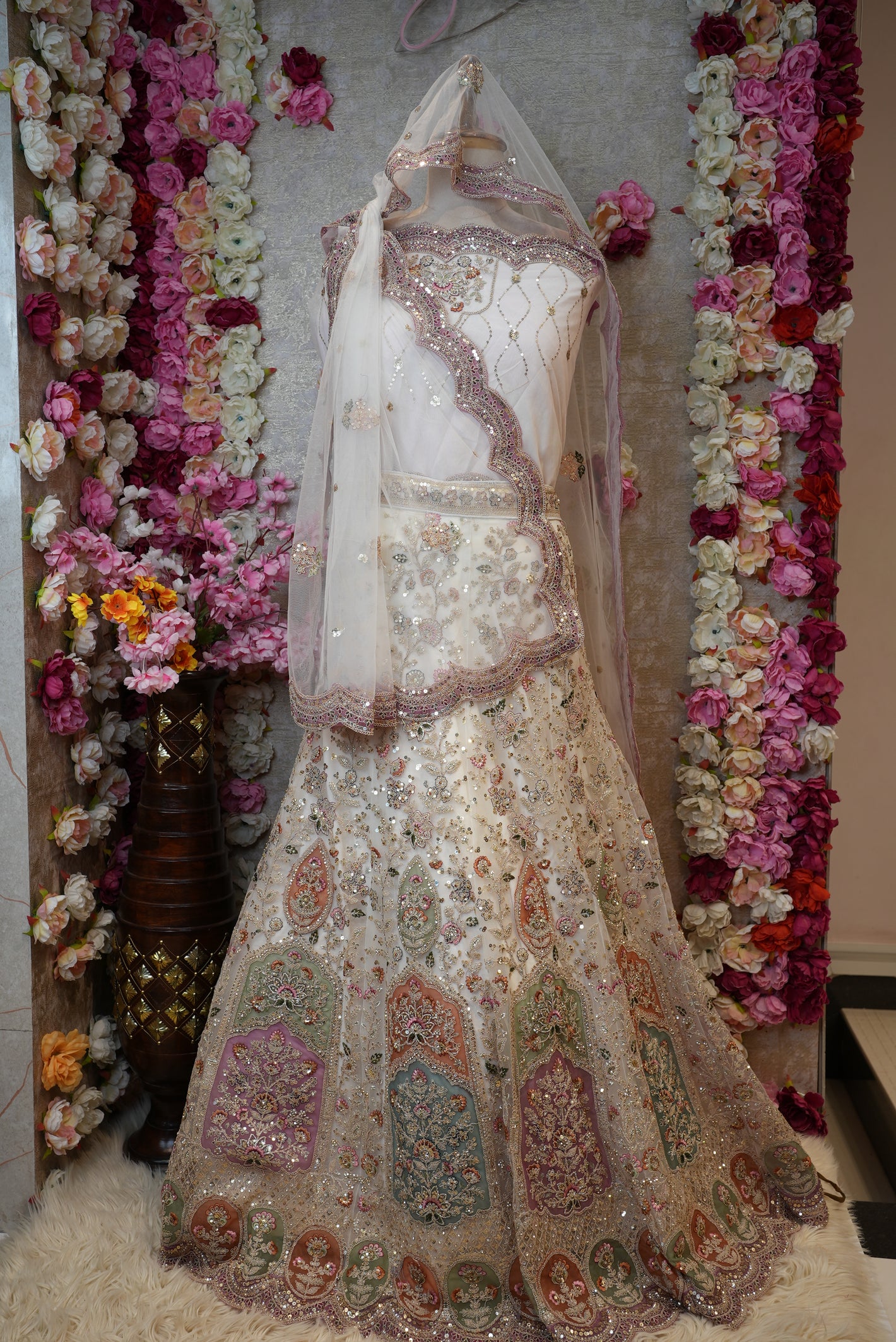 NET FABRIC LEHENGA WITH SEQUENCE AND PITTAN WORK IN BASE CREAM COLOUR  ##LC031