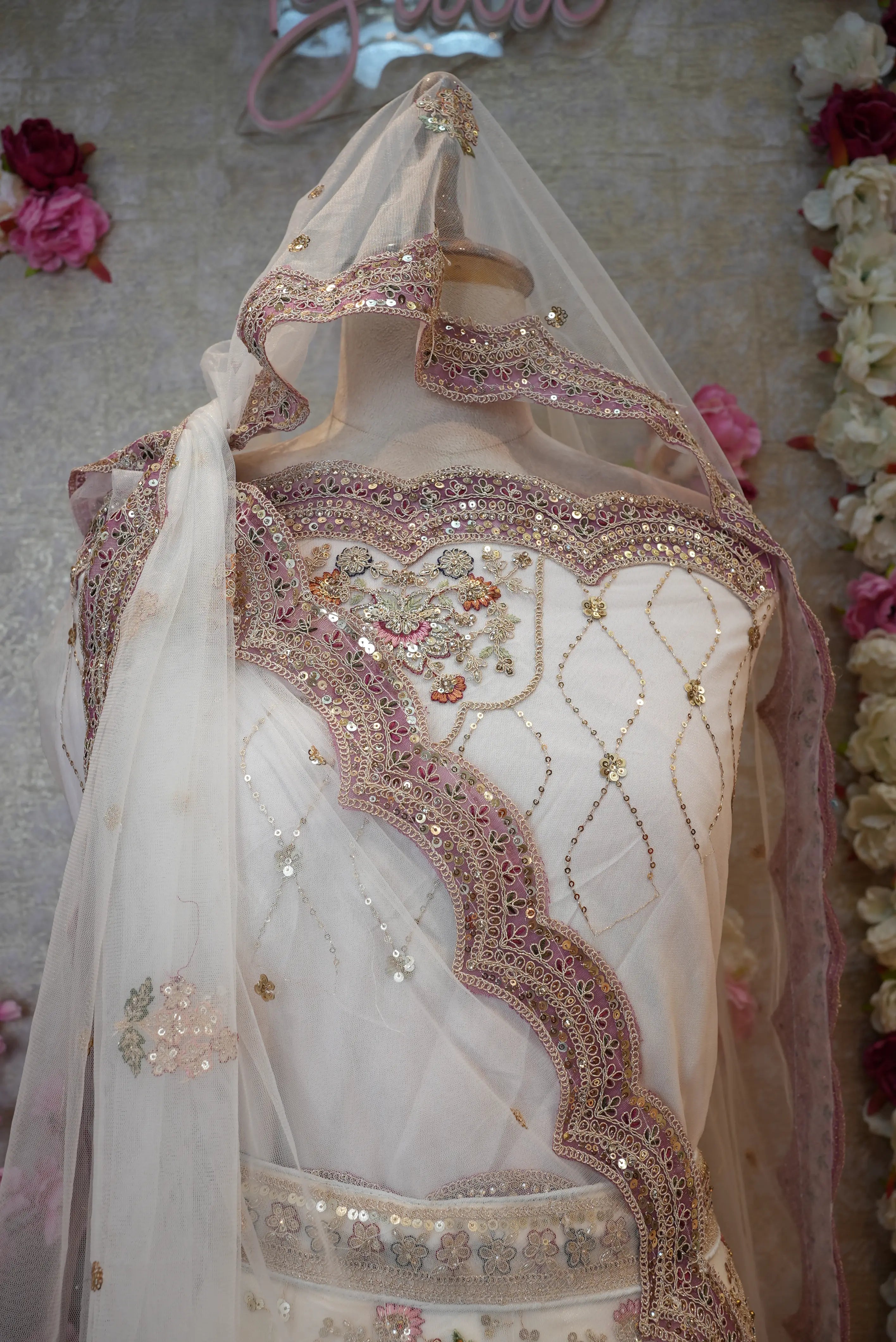 Cream Net Lehenga with Sequence & Pittan Work