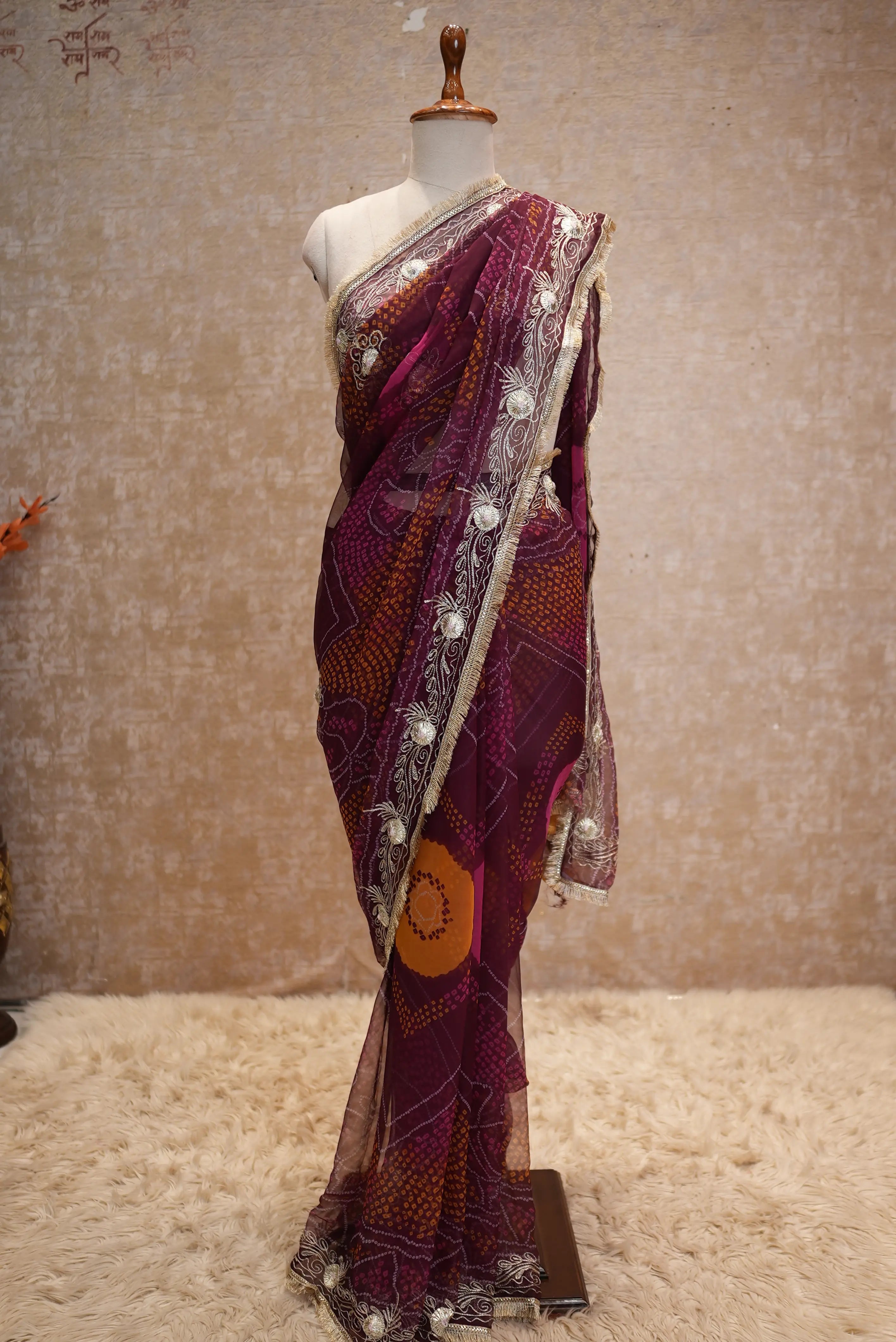 Vintage Work Shekhawati Bandhani Saree With Kacchi Gota Work