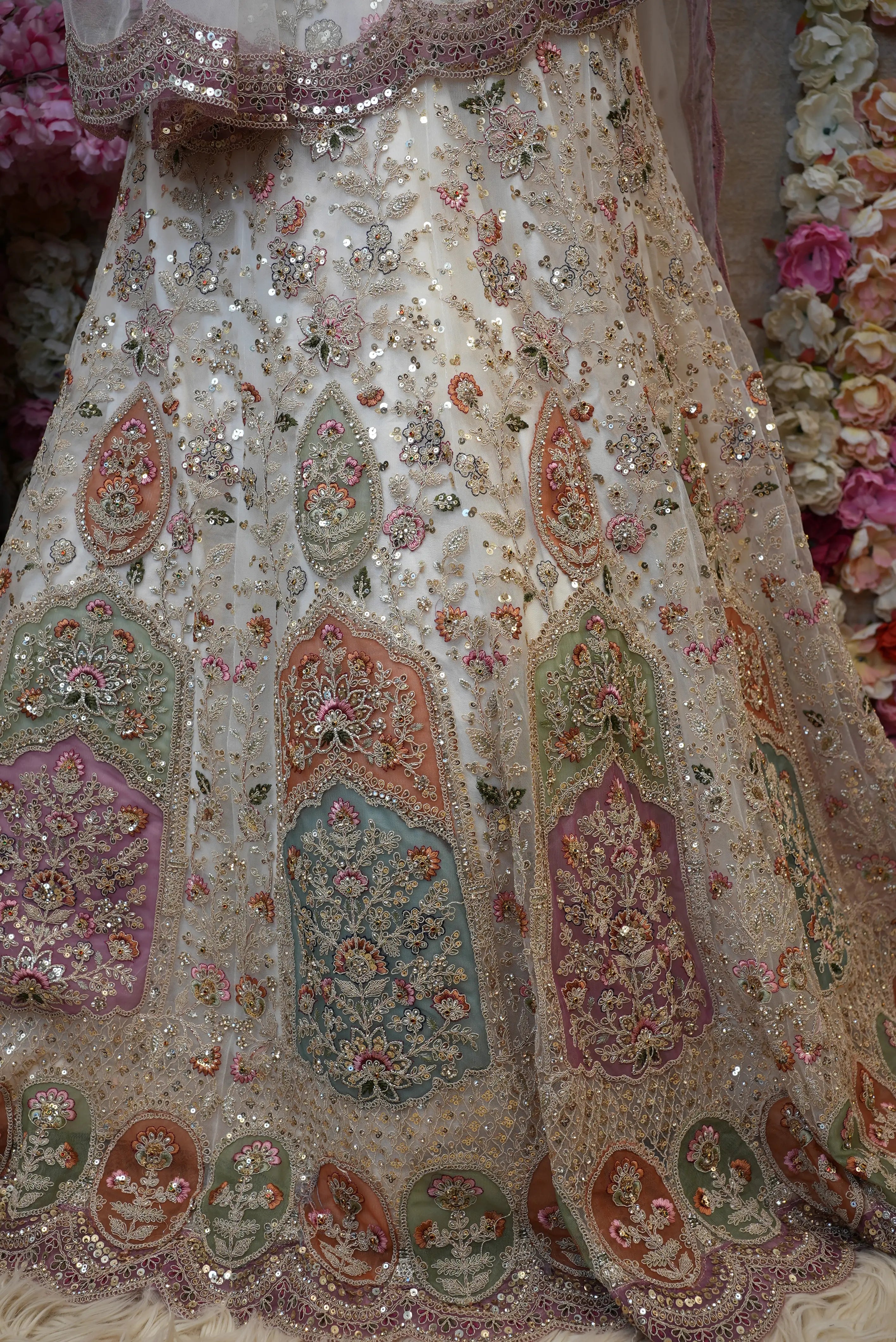 Cream Net Lehenga with Sequence & Pittan Work