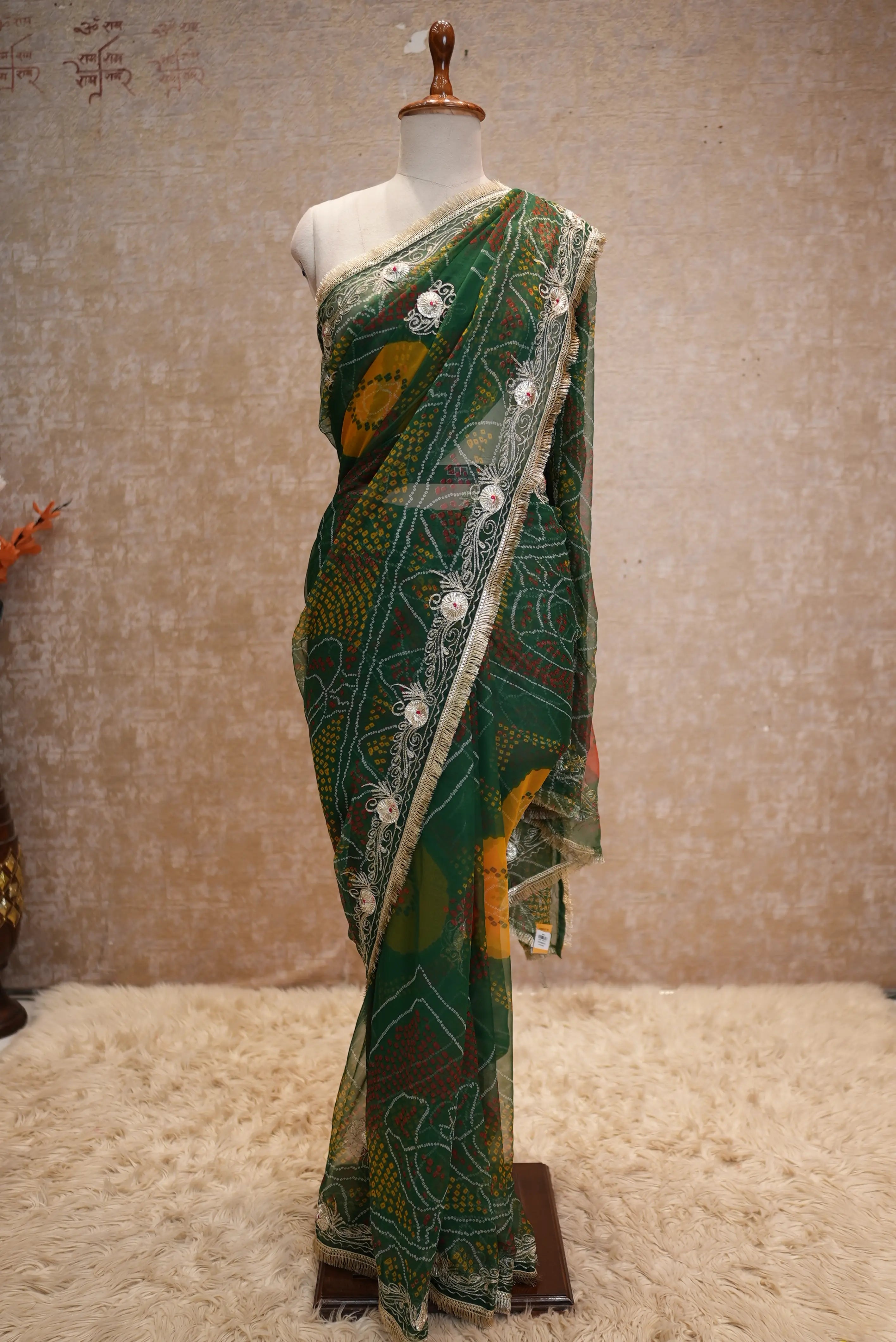 Vintage Work Shekhawati Bandhani Saree With Kacchi Gota Work