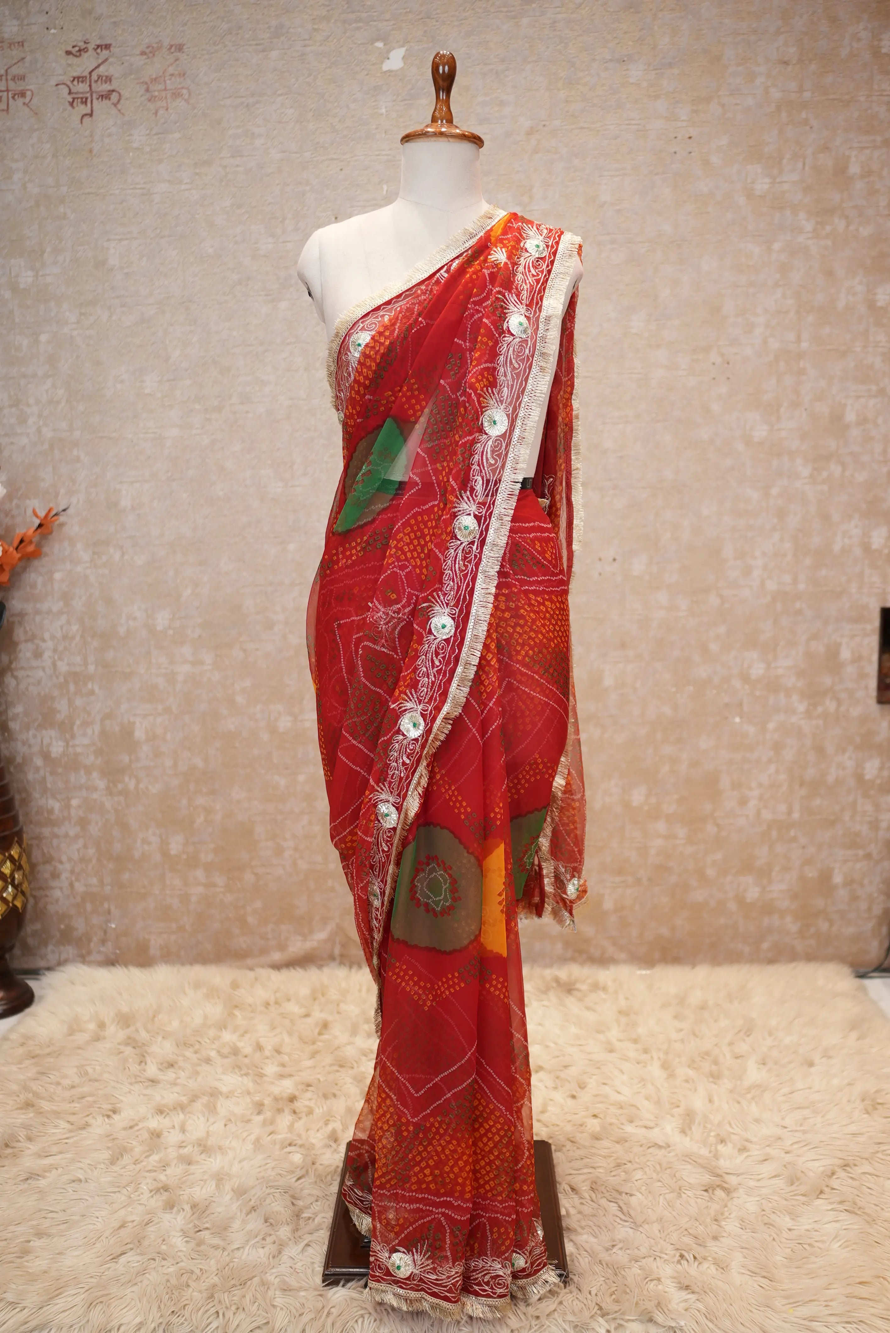 Vintage Work Shekhawati Bandhani Saree With Kacchi Gota Work
