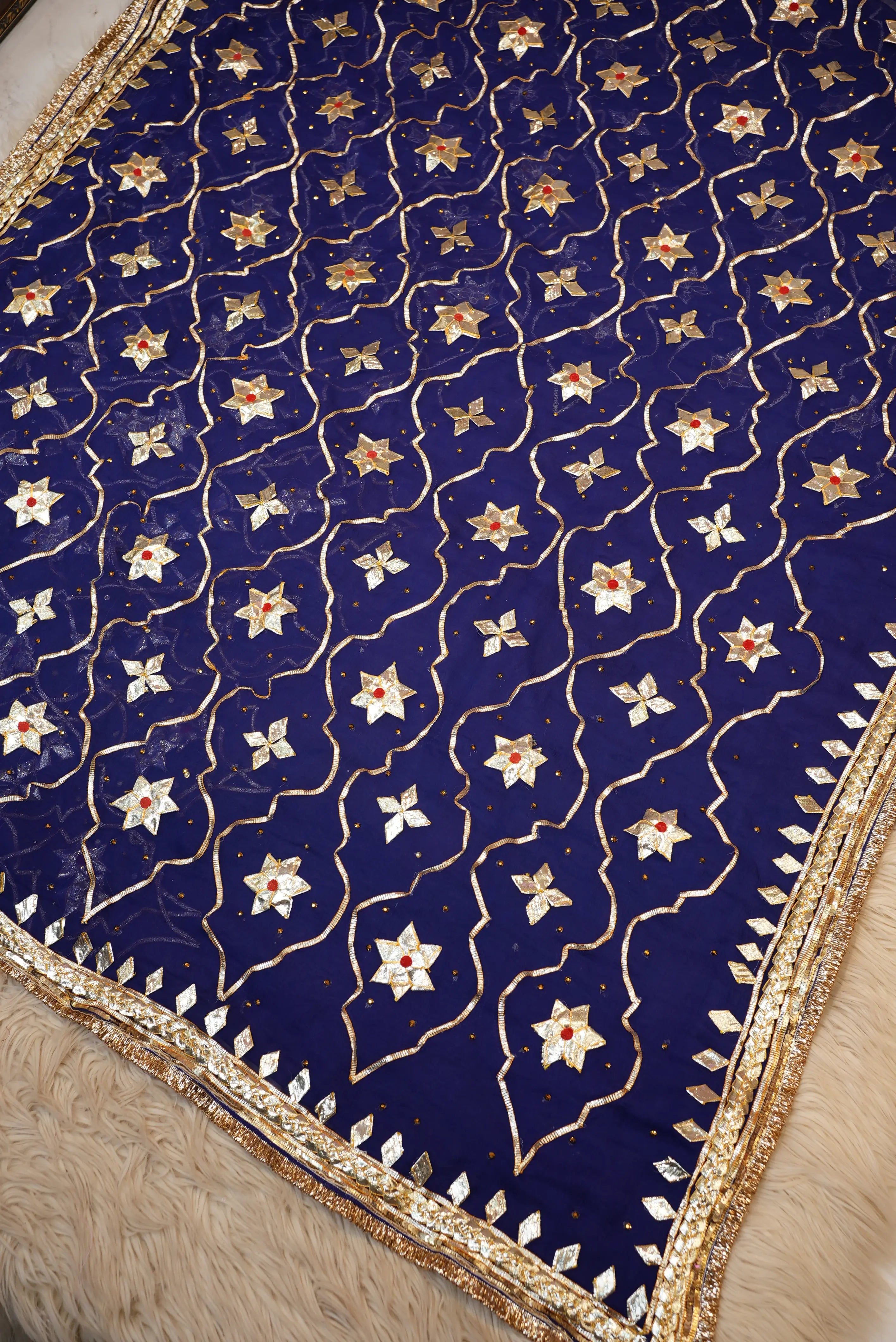 Neelgiri Chiffon Saree with Rajasthani Kachi Gota Patti & Aangi Blouse