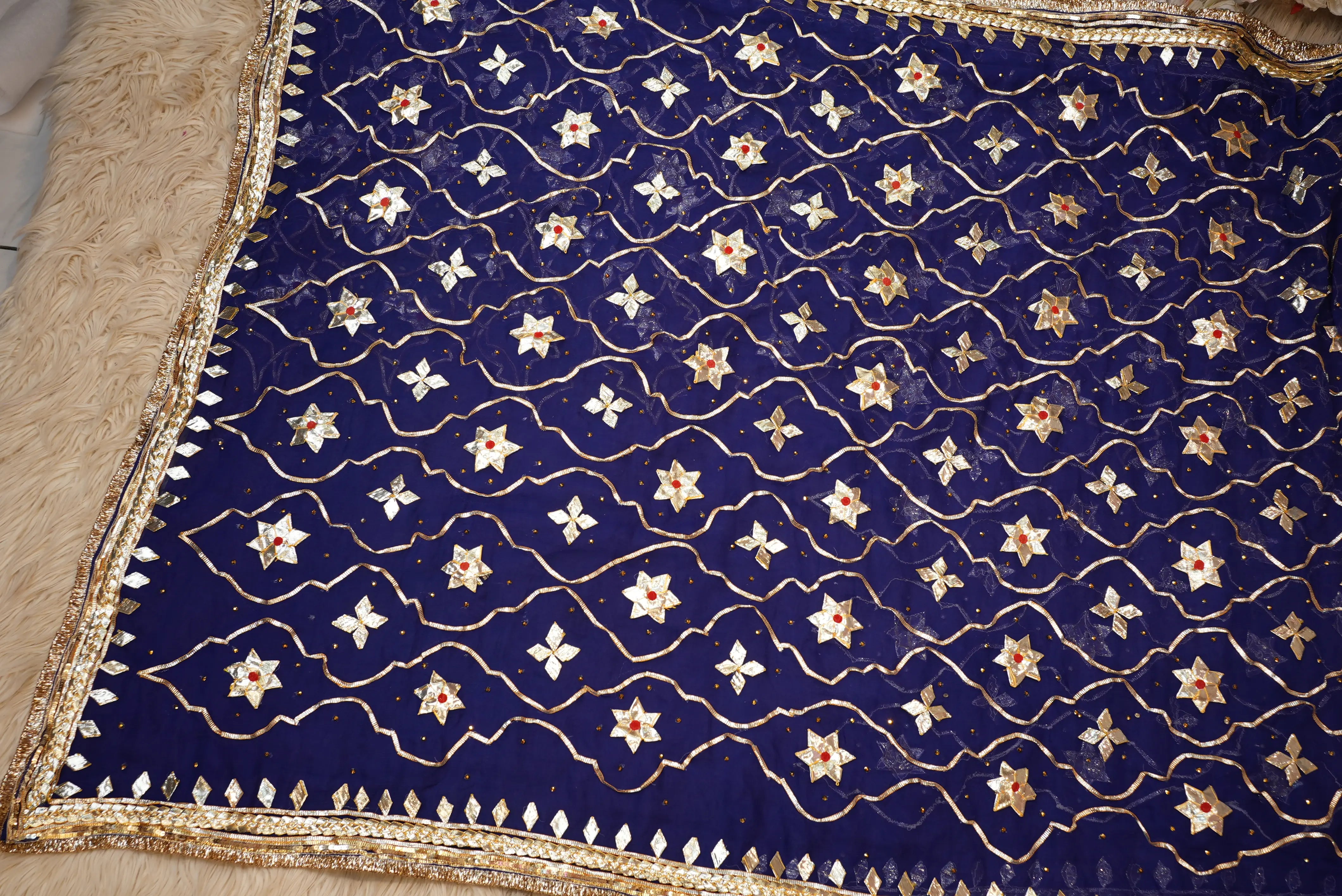 Neelgiri Chiffon Saree with Rajasthani Kachi Gota Patti & Aangi Blouse