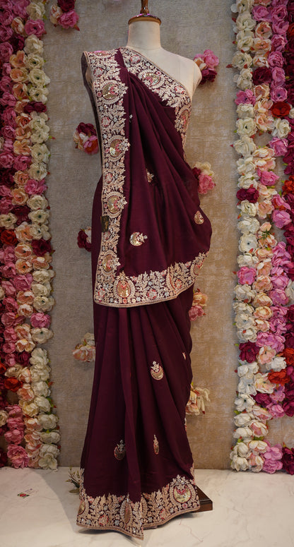 BRIDAL SAREE WITH HEAVY BORDER SEQUENCE ,EMBROIDERY AND DORI WORK (6.15 MTR CUT ) (WITH BLOUSE)  ##SR0216
