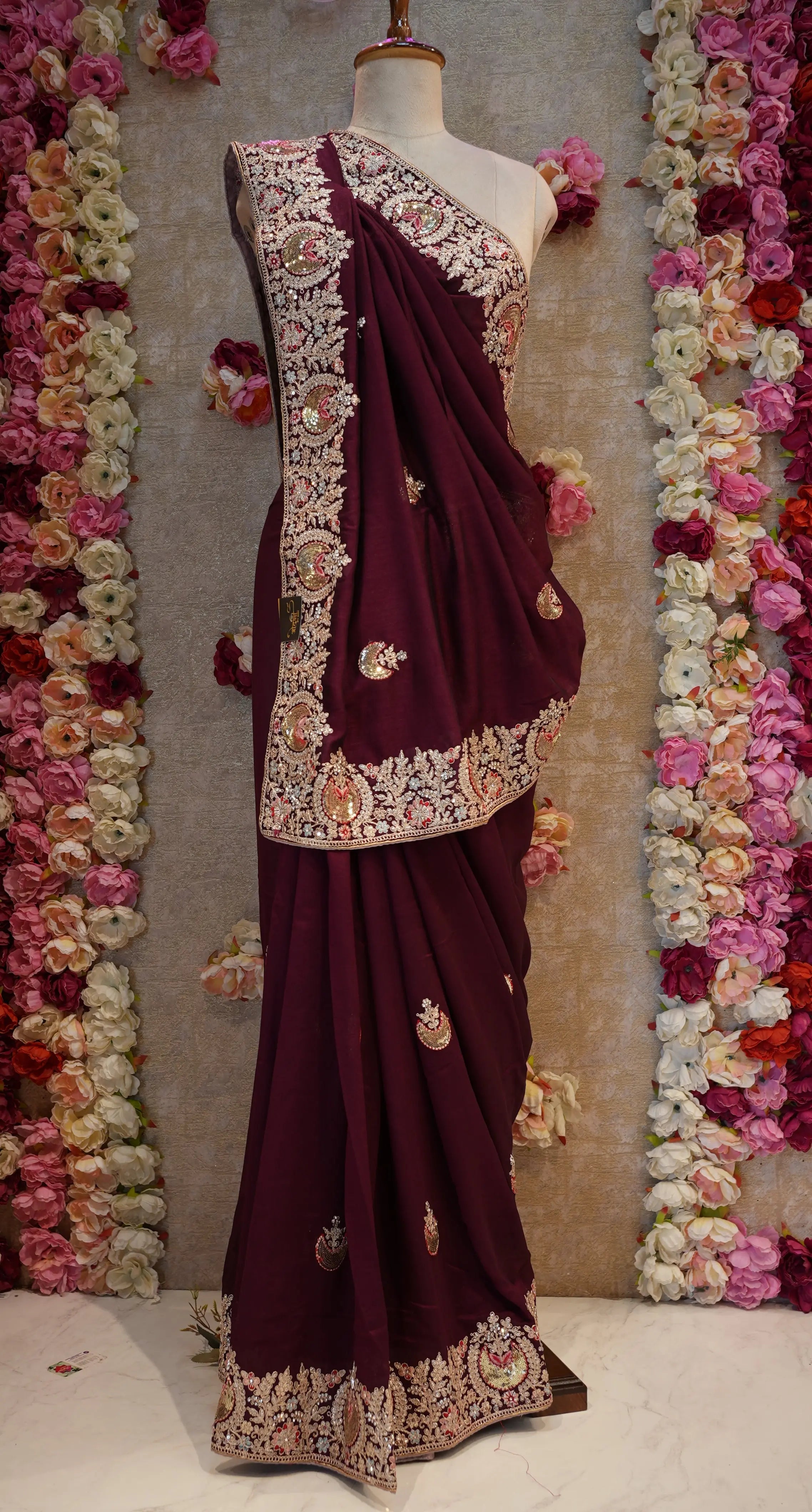 Satin Silk Saree with Ajrakh Print & Tassels (With Blouse)
