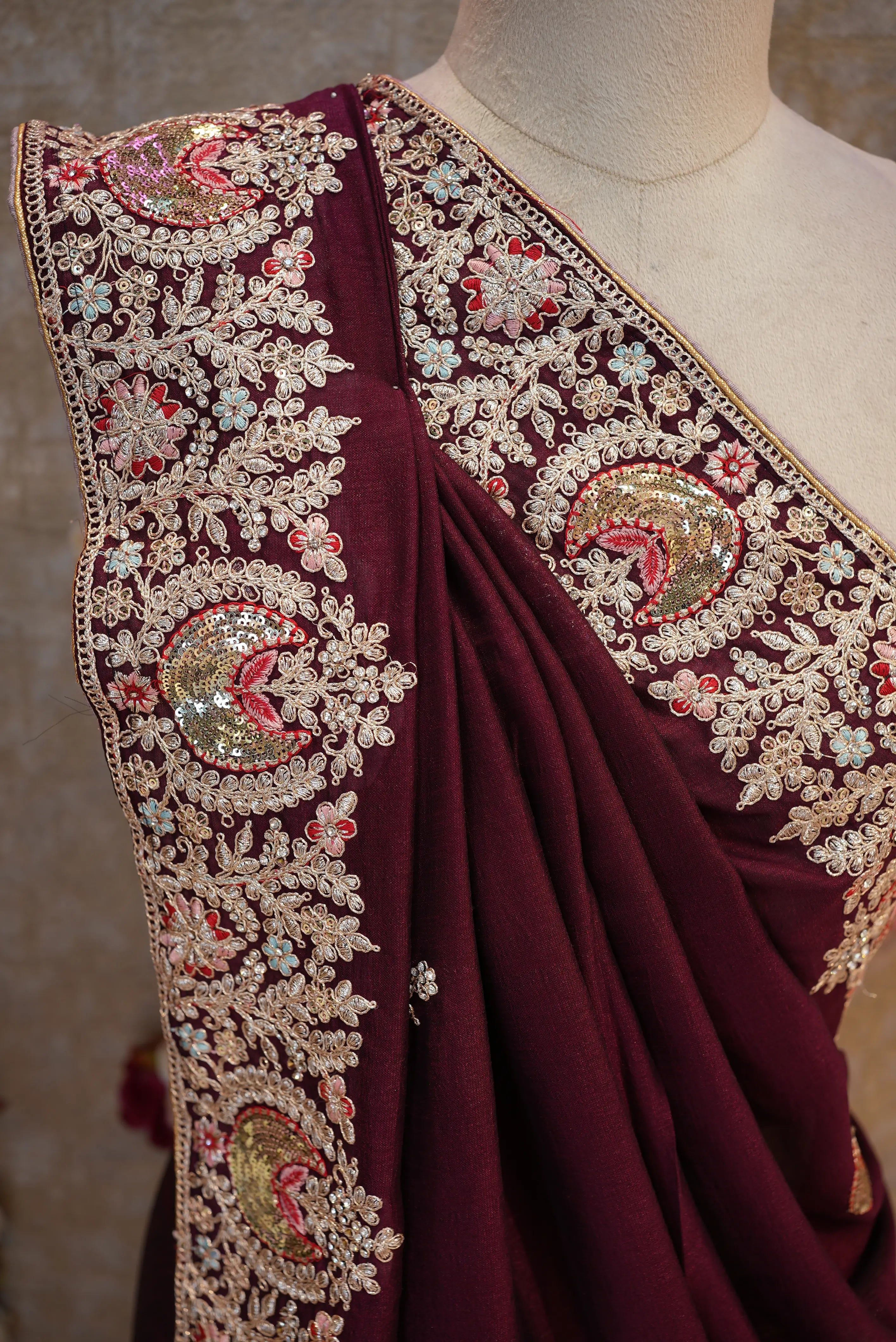 Satin Silk Saree with Ajrakh Print & Tassels (With Blouse)
