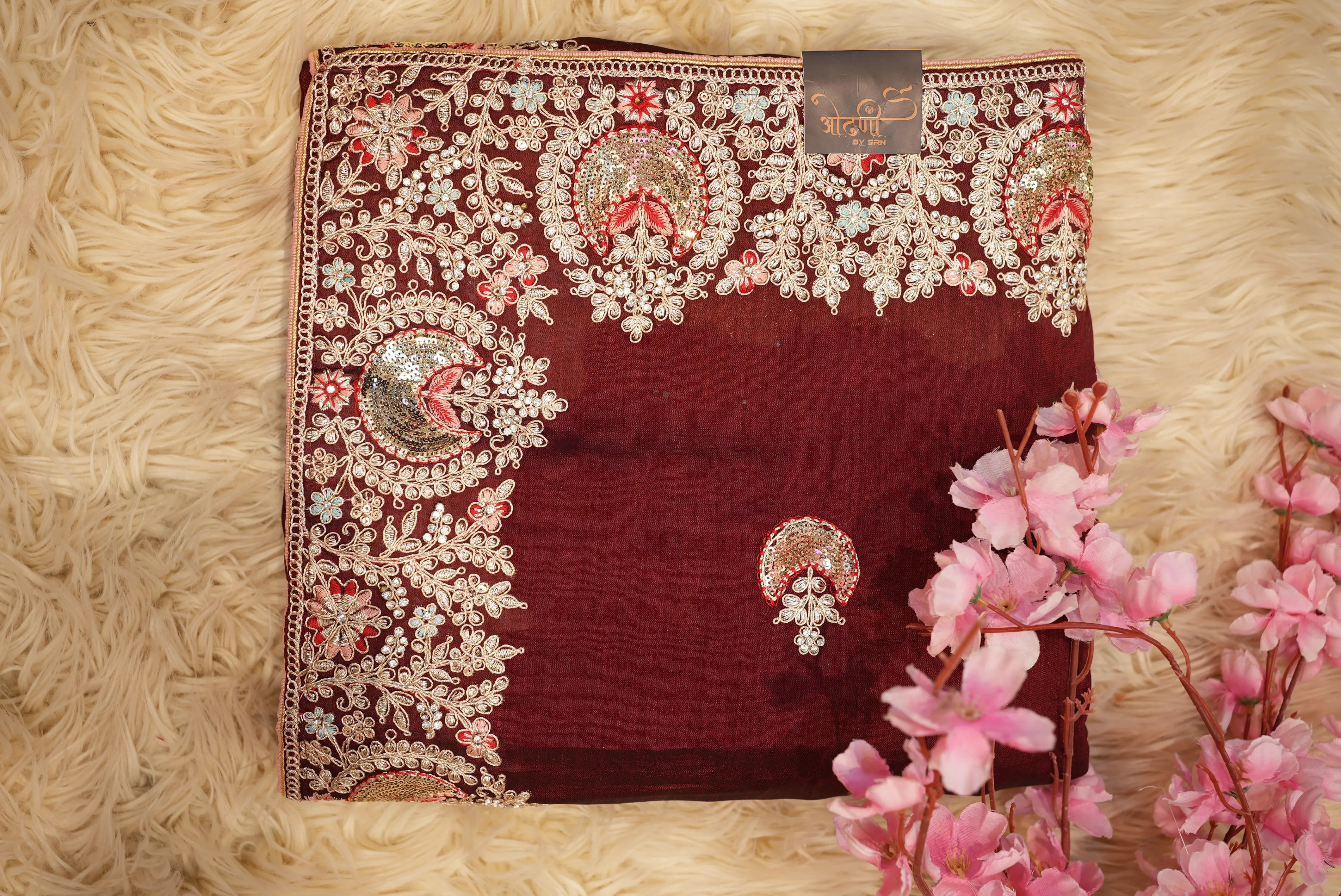Satin Silk Saree with Ajrakh Print & Tassels (With Blouse)