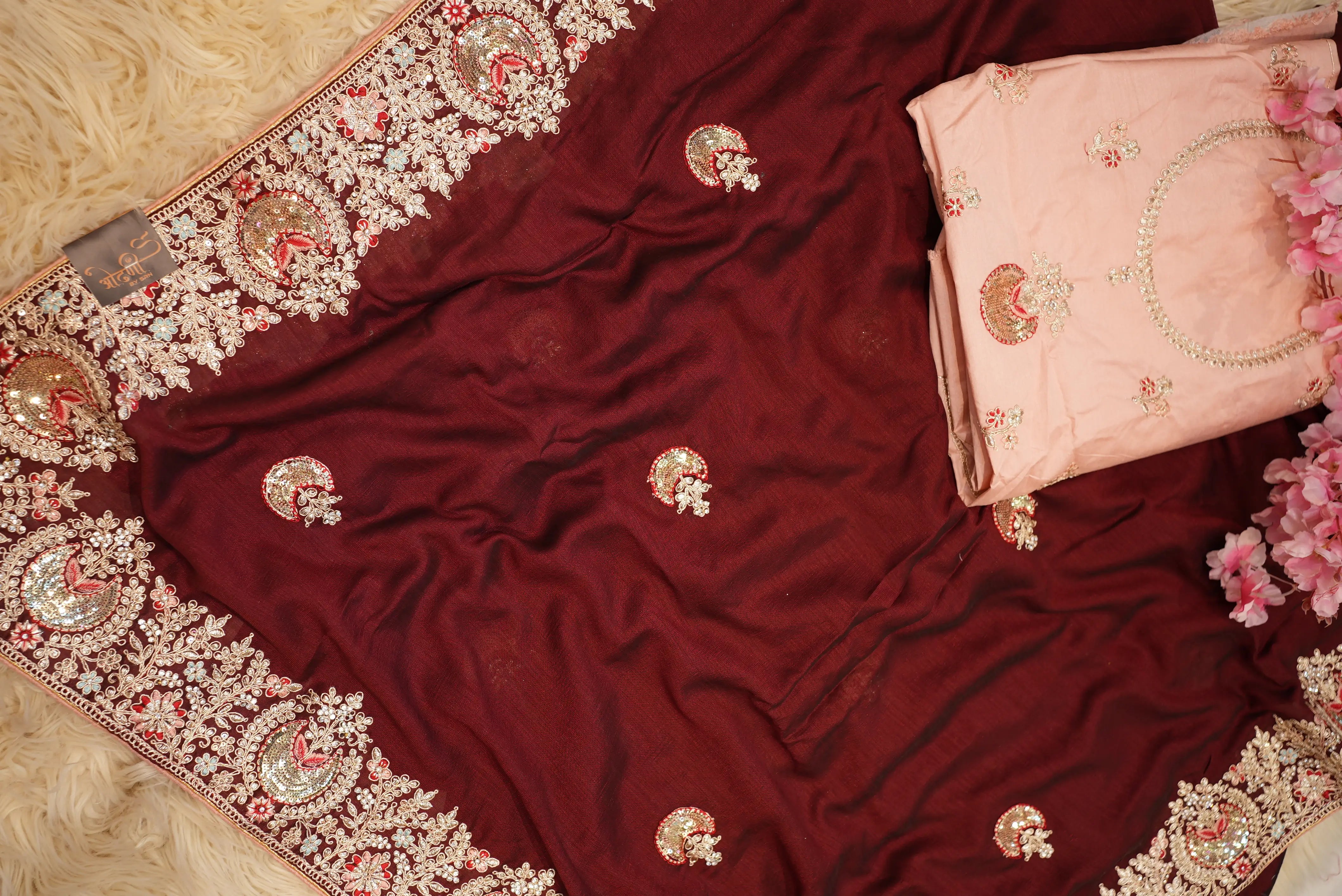 Satin Silk Saree with Ajrakh Print & Tassels (With Blouse)